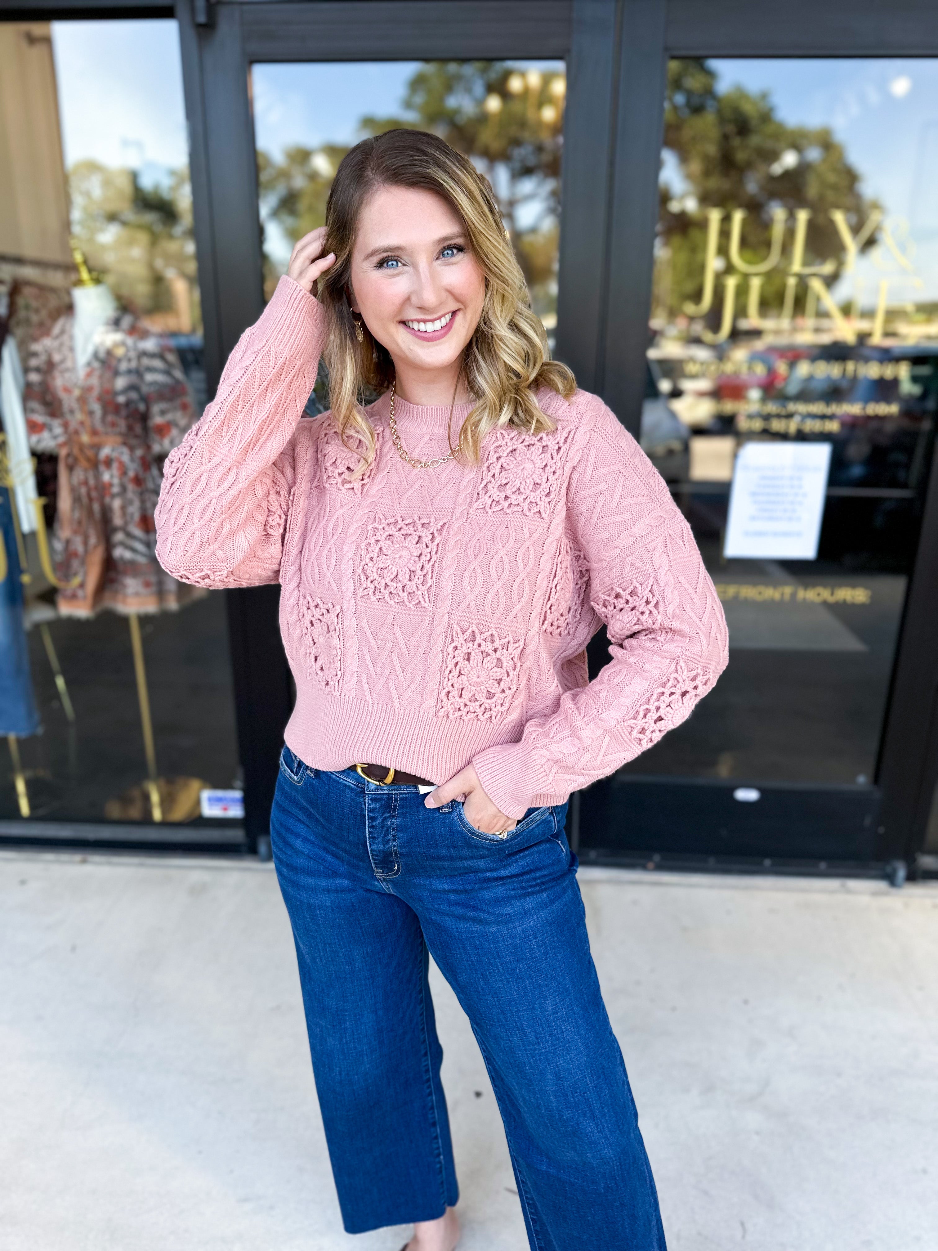 Blush Crochet Sweater-230 Sweaters/Cardis-LISTICLE-July & June Women's Fashion Boutique Located in San Antonio, Texas