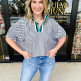 Fall Varsity Stripe Blouse - Black-200 Fashion Blouses-ENTRO-July & June Women's Fashion Boutique Located in San Antonio, Texas