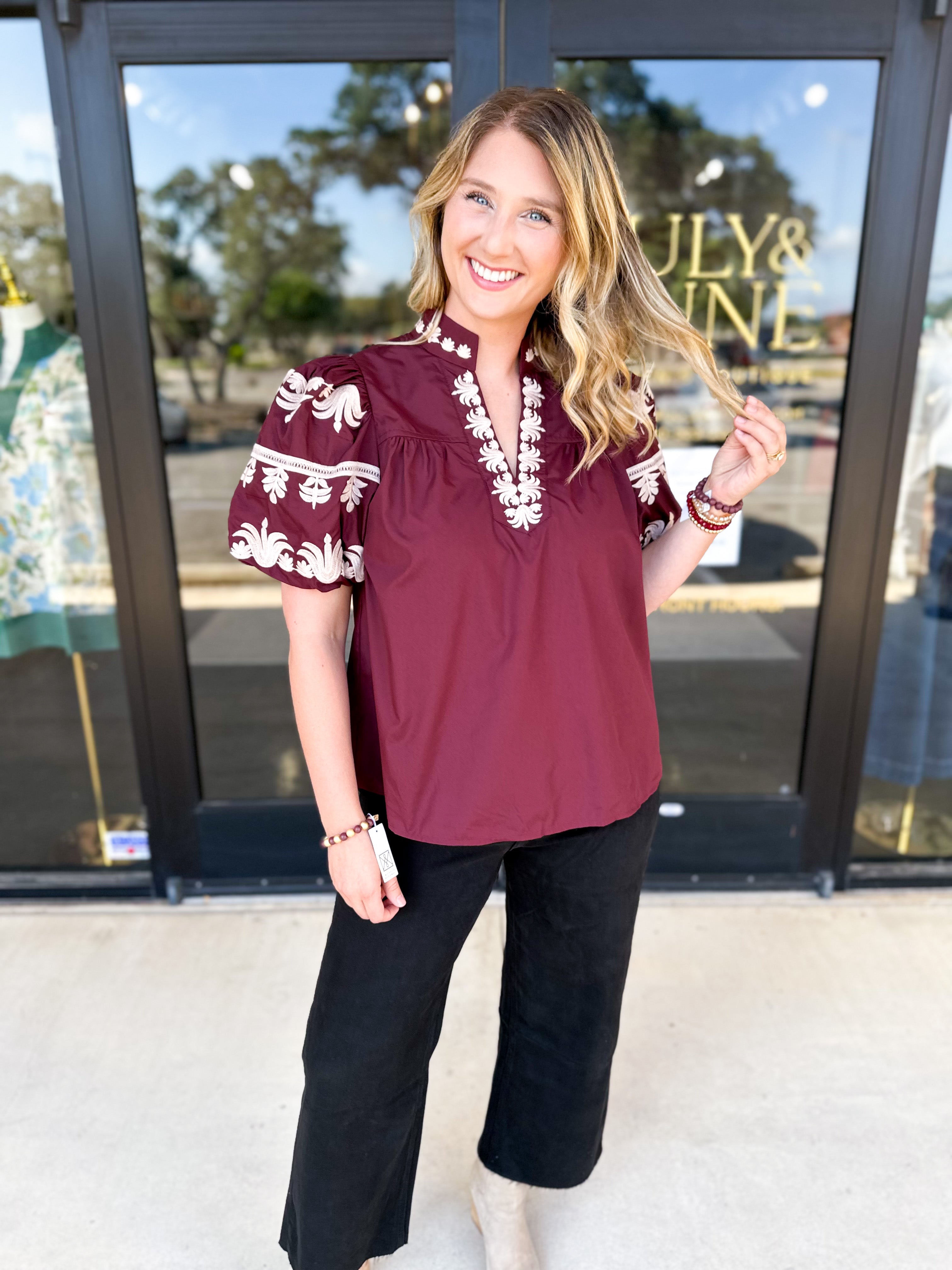 Maroon Embroidered Blouse-200 Fashion Blouses-ENTRO-July & June Women's Fashion Boutique Located in San Antonio, Texas