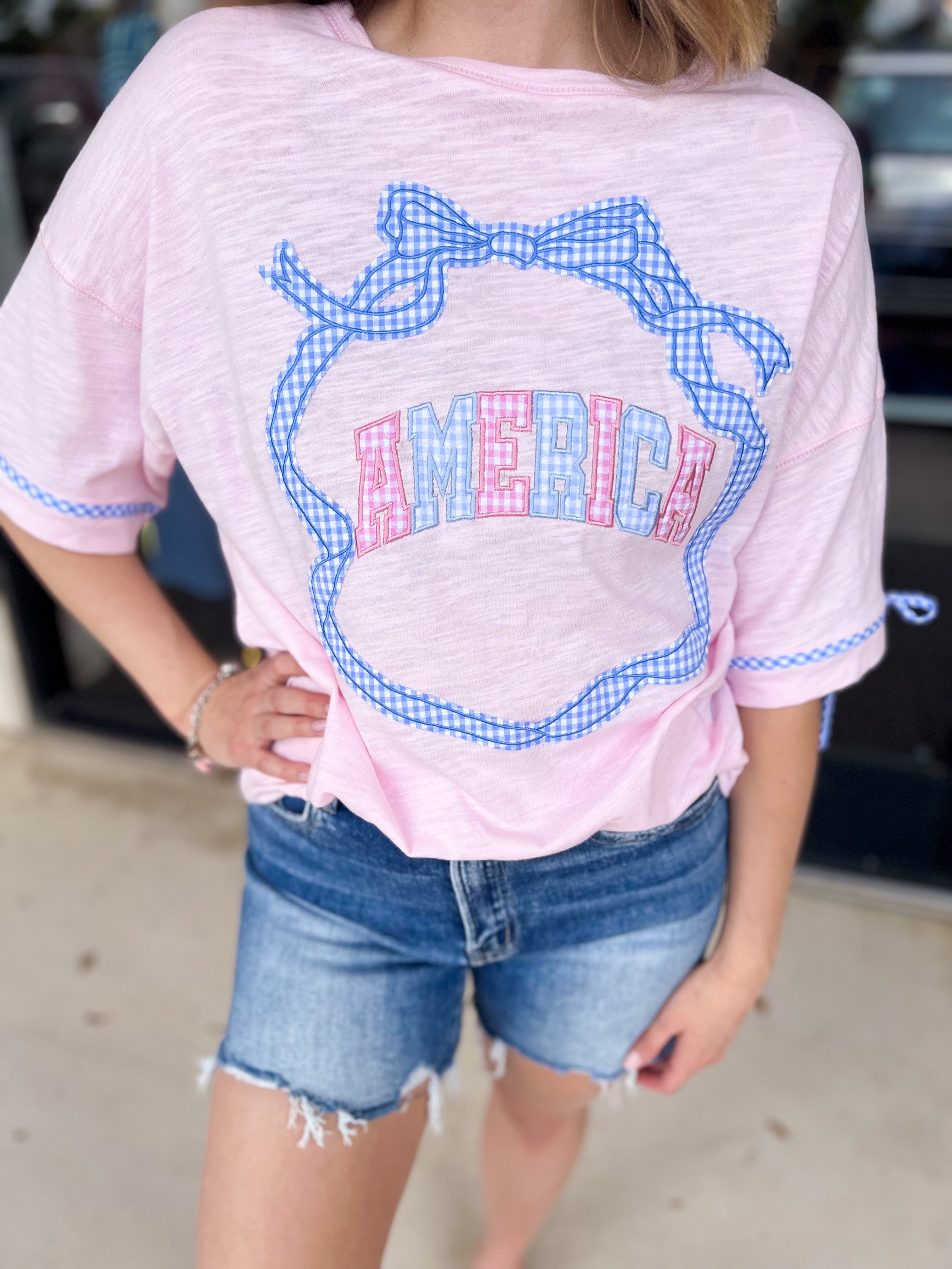 Pink Gingham USA Tee-210 Casual Blouses-PEACH LOVE-July & June Women's Fashion Boutique Located in San Antonio, Texas