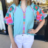 THML - Spring Florals Embroidered Blouse- Light Blue-200 Fashion Blouses-THML-July & June Women's Fashion Boutique Located in San Antonio, Texas