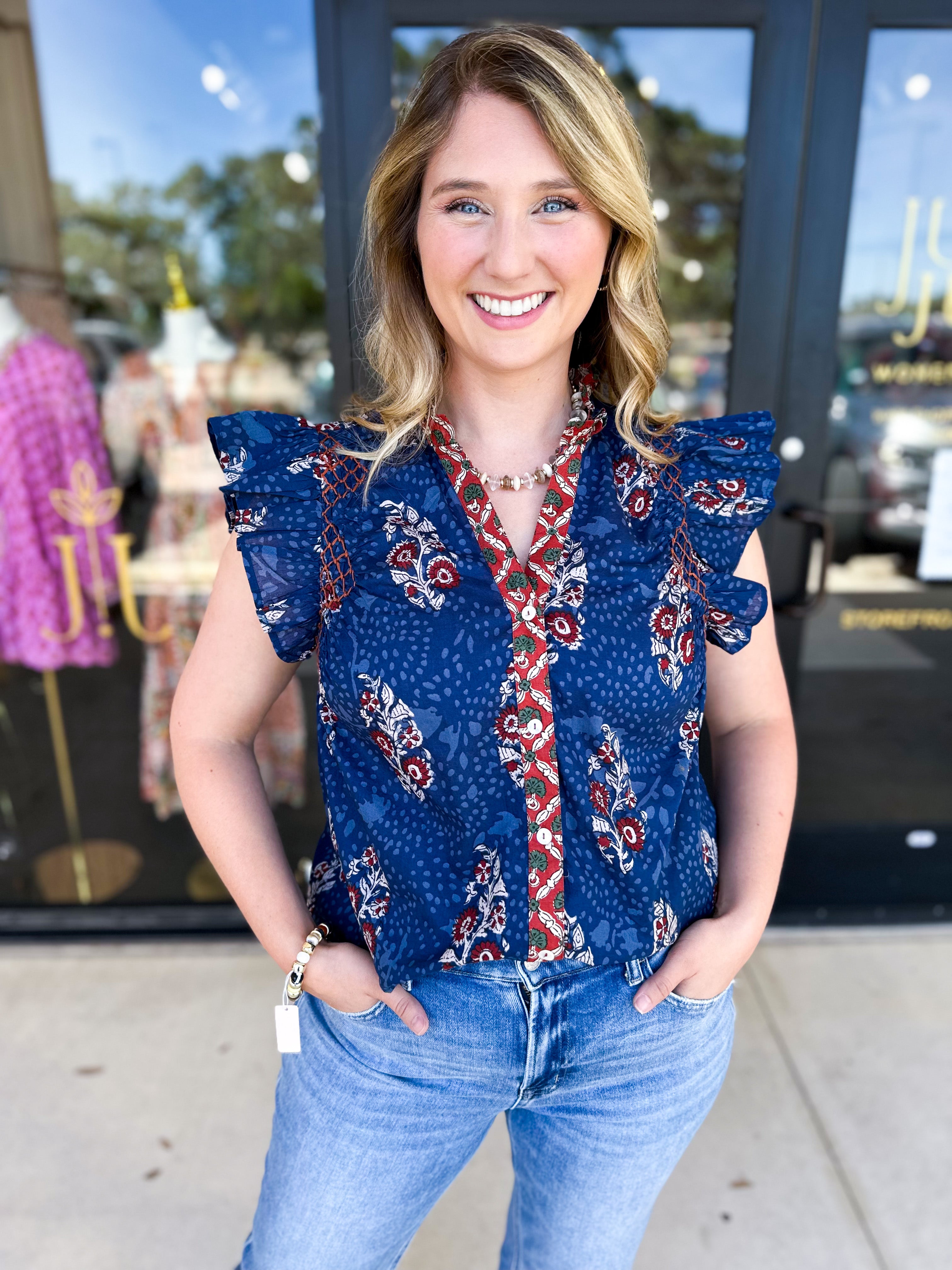 THML - Navy & Rust Blouse-200 Fashion Blouses-THML-July & June Women's Fashion Boutique Located in San Antonio, Texas
