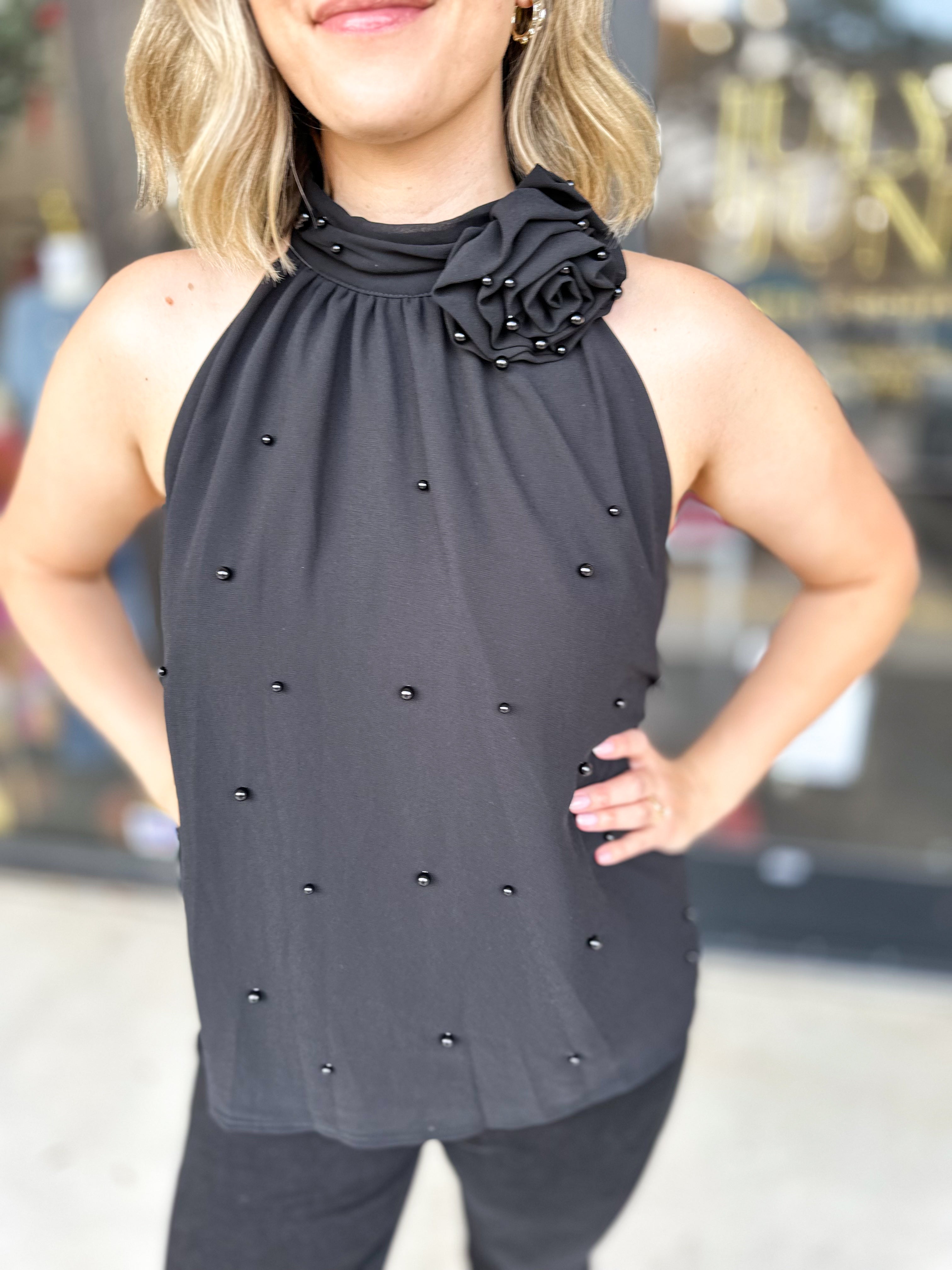 Black Rose Halter Tank-200 Fashion Blouses-FATE-July & June Women's Fashion Boutique Located in San Antonio, Texas