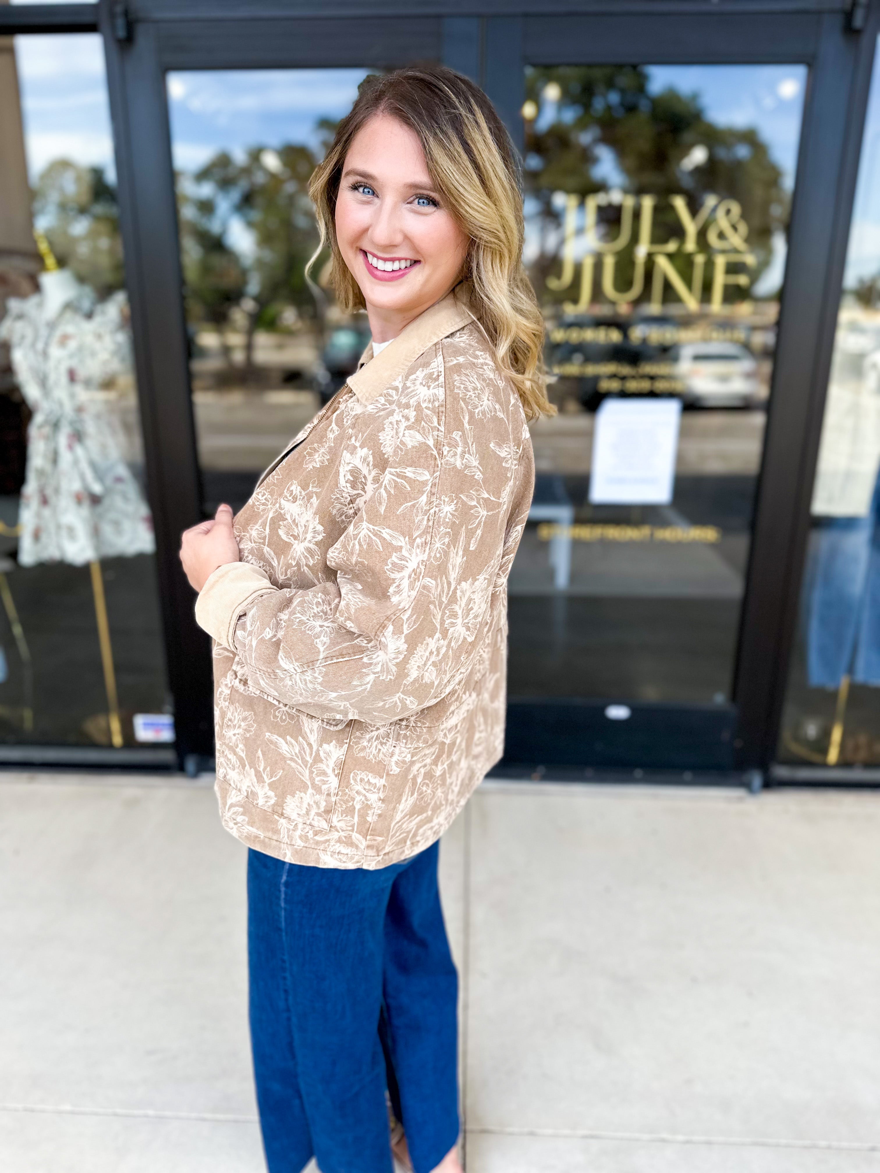 Tan Floral Jacket-600 Outerwear-FATE-July & June Women's Fashion Boutique Located in San Antonio, Texas
