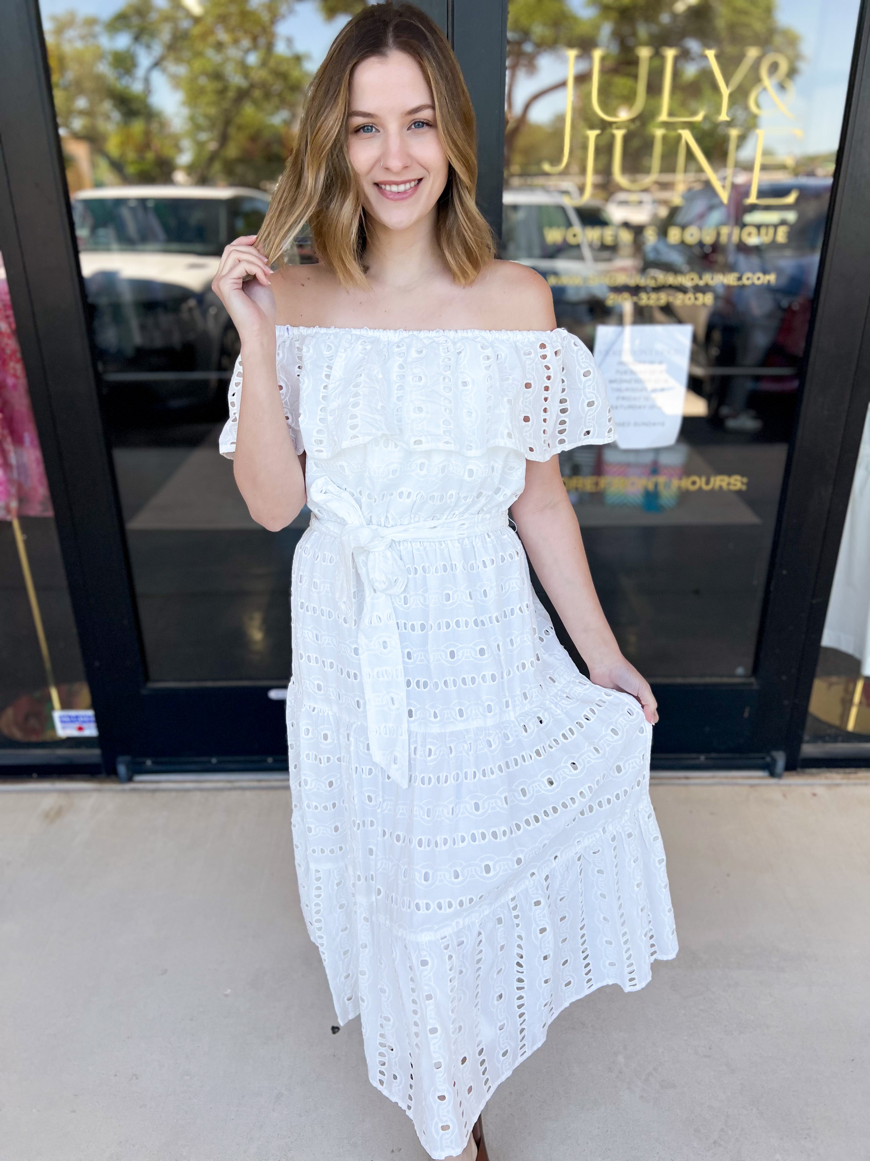 Sutton Off The Shoulder Midi Dress-500 Midi-FLYING TOMATO-July & June Women's Fashion Boutique Located in San Antonio, Texas