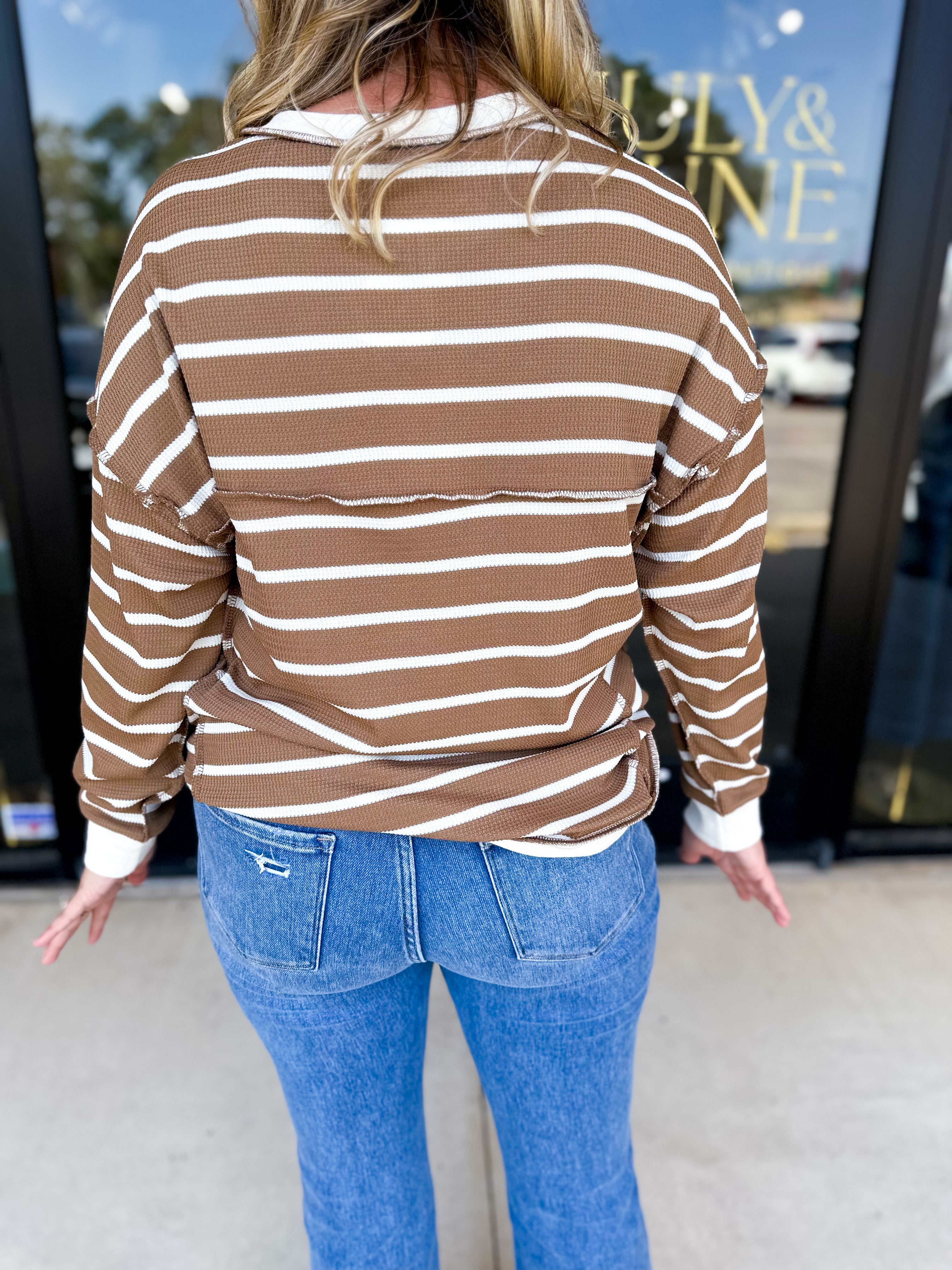 Comfy Henley Long Sleeve Top - Mocha & Ivory-210 Casual Blouses-POLOGRAM-July & June Women's Fashion Boutique Located in San Antonio, Texas