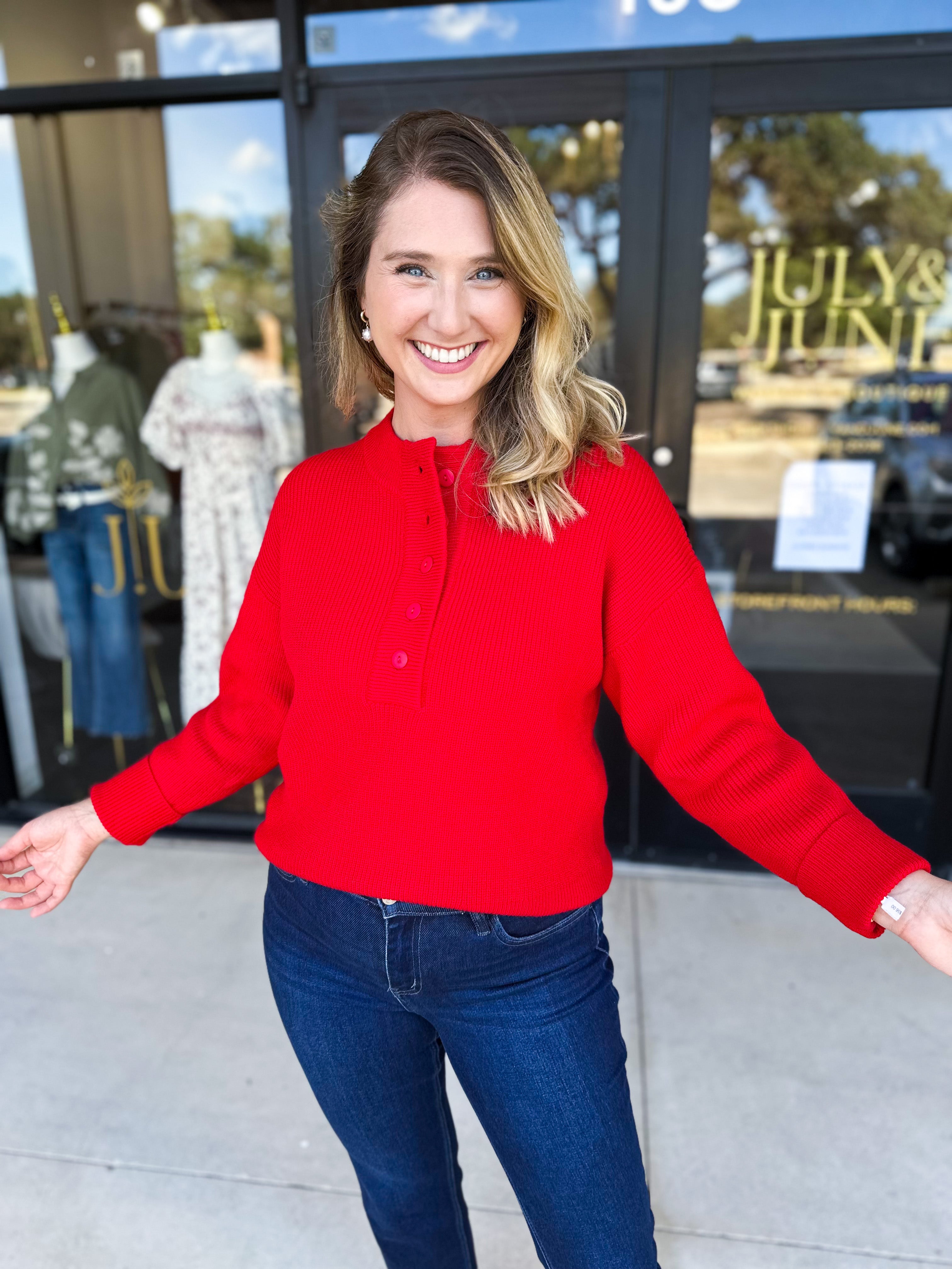 The Everyday Henley Sweater - Red-230 Sweaters/Cardis-JODIFL-July & June Women's Fashion Boutique Located in San Antonio, Texas