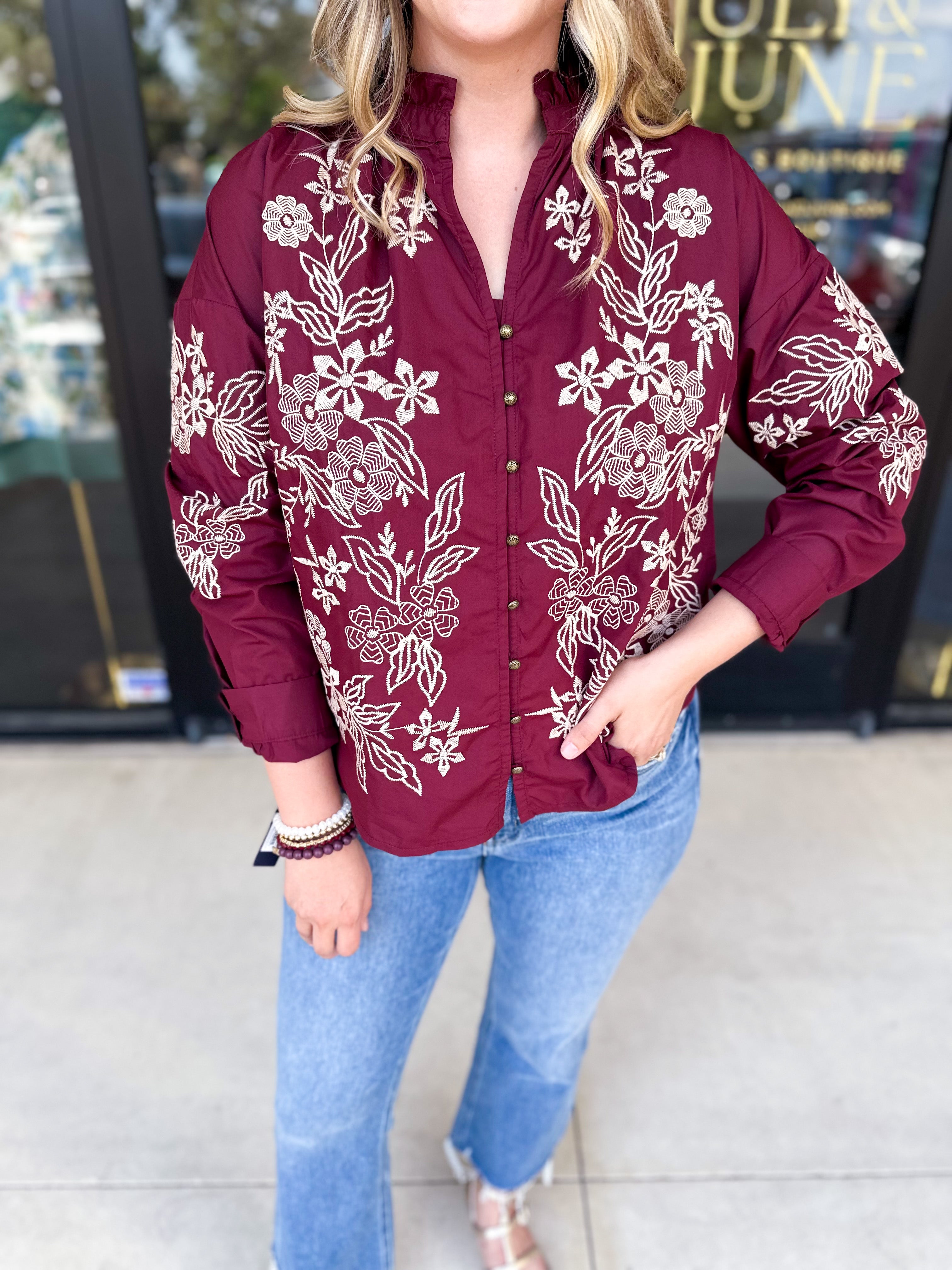 Elara Embroidered Blouse - Burgundy-200 Fashion Blouses-ENTRO-July & June Women's Fashion Boutique Located in San Antonio, Texas