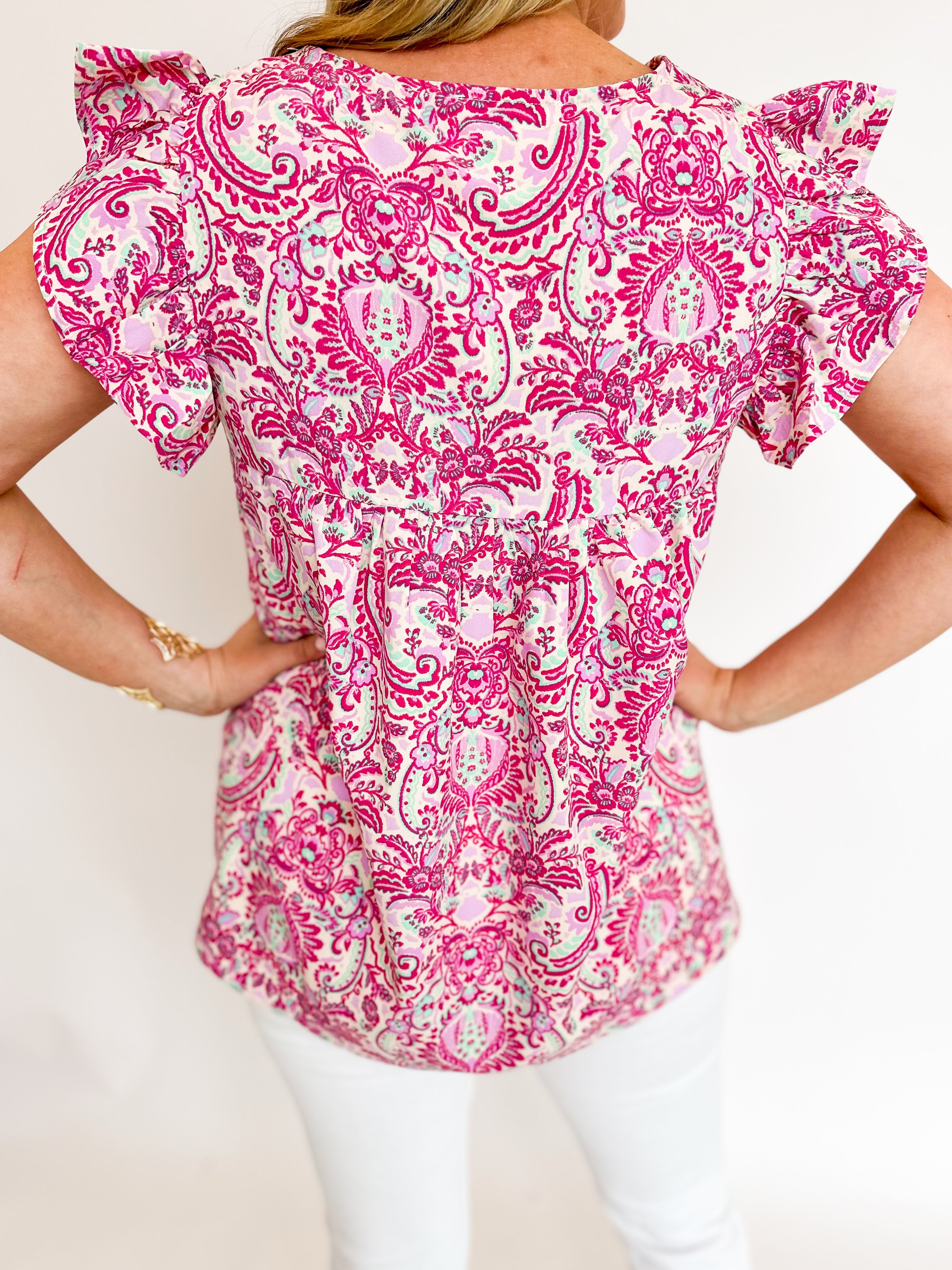 Pink Paisley Embroidered Blouse-200 Fashion Blouses-ANDREE BY UNIT-July & June Women's Fashion Boutique Located in San Antonio, Texas