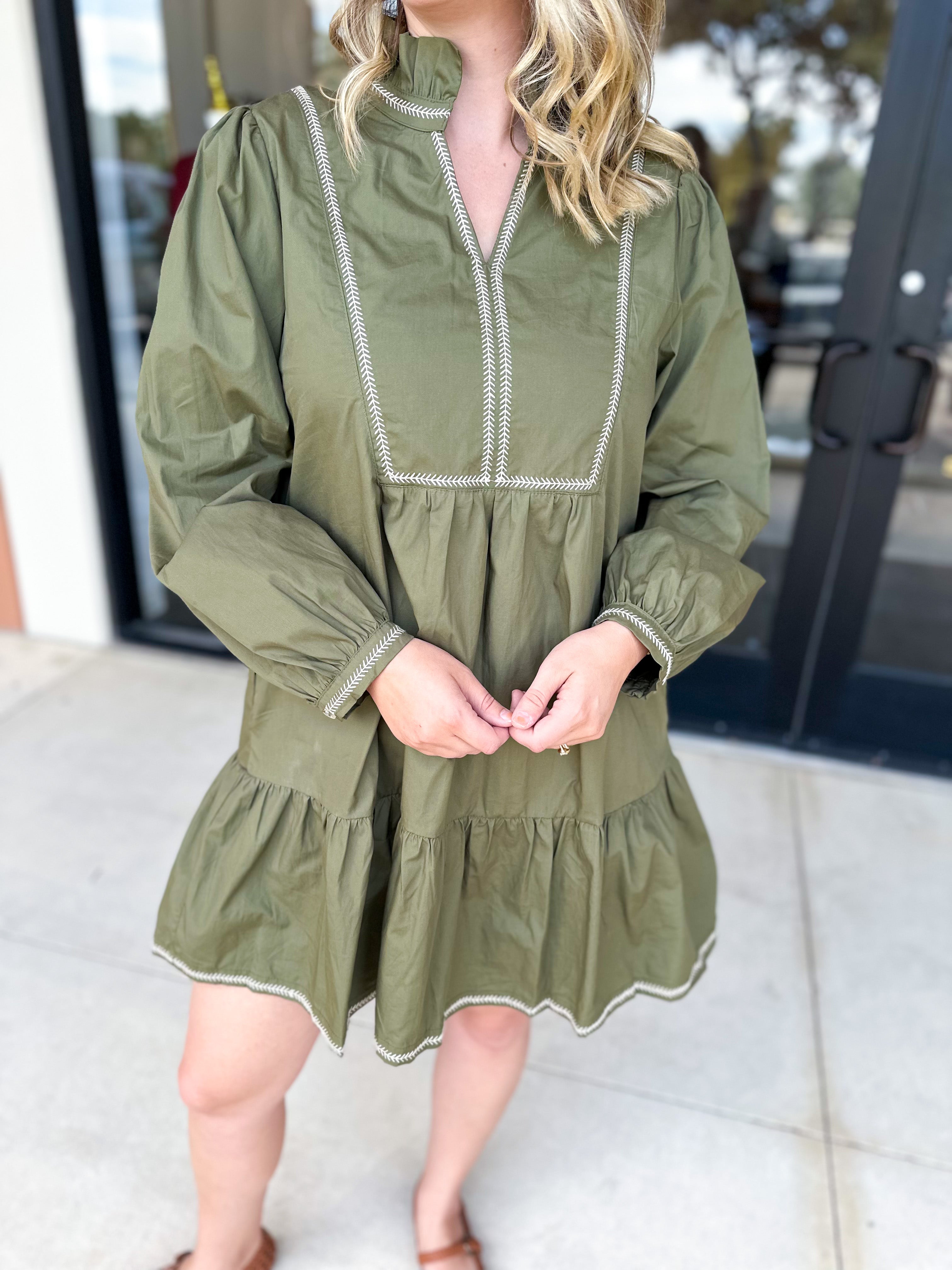 Olive Stitch Mini Dress-510 Mini-JODIFL-July & June Women's Fashion Boutique Located in San Antonio, Texas
