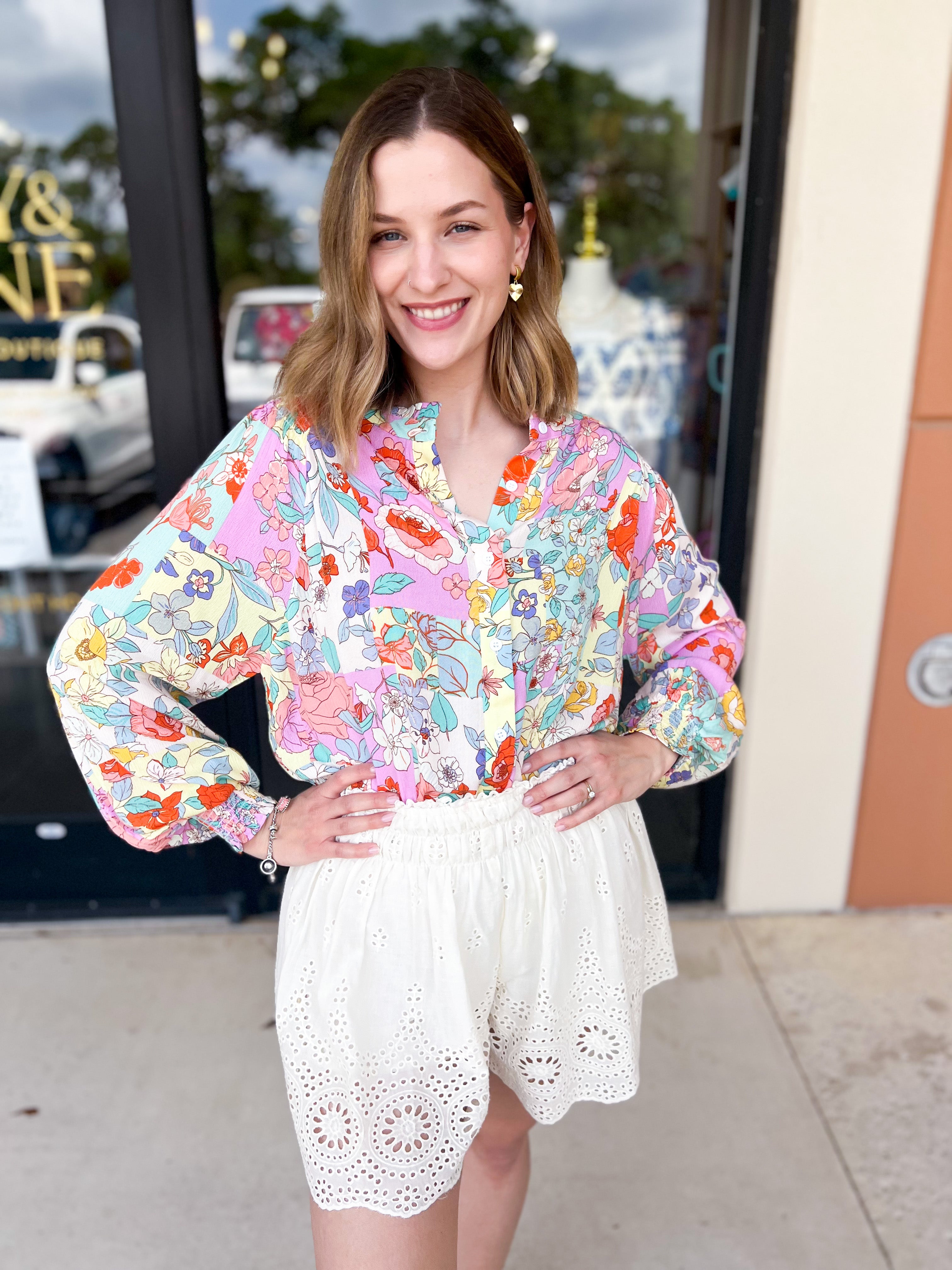 Lavender & Yellow Floral Blouse-200 Fashion Blouses-FATE-July & June Women's Fashion Boutique Located in San Antonio, Texas