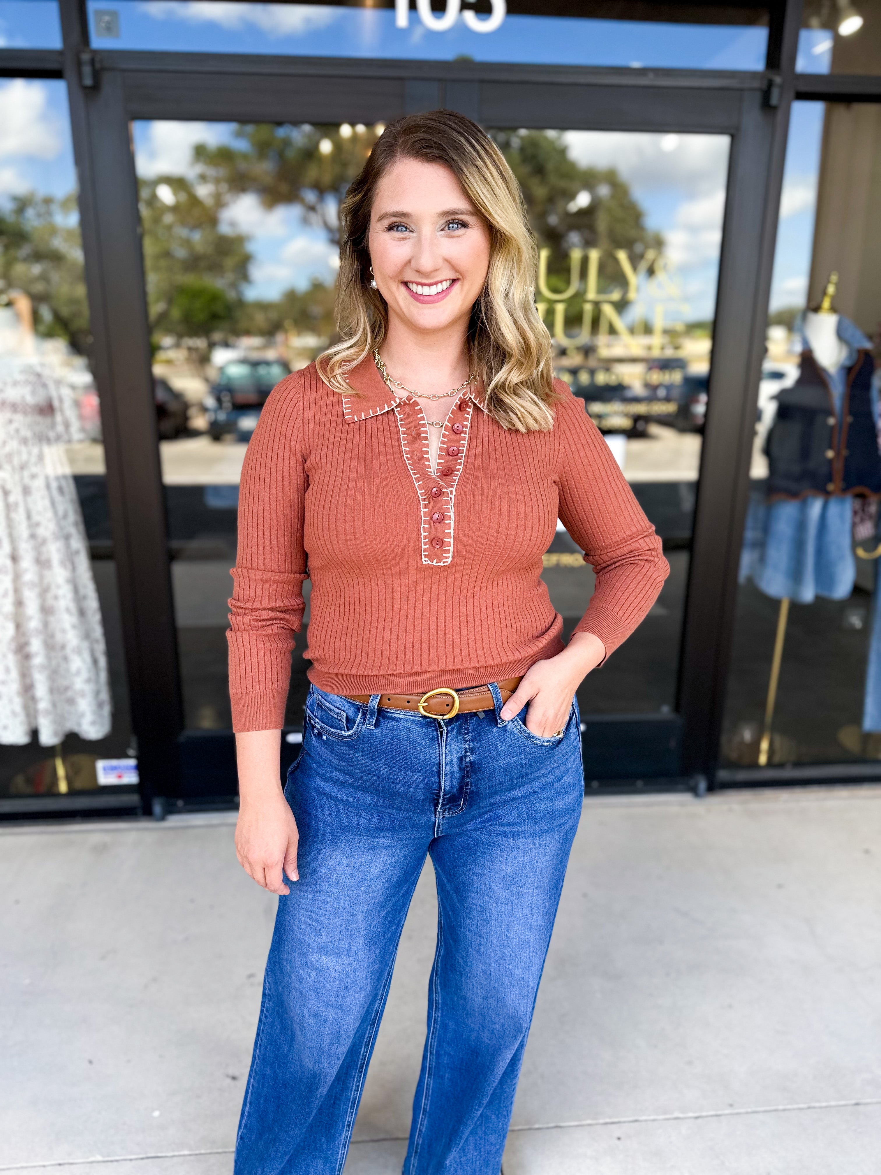 Tailored Knit Long Sleeve - Rust-230 Sweaters/Cardis-LISTICLE-July & June Women's Fashion Boutique Located in San Antonio, Texas