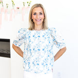 Blue Floral Crochet Blouse-200 Fashion Blouses-ENTRO-July & June Women's Fashion Boutique Located in San Antonio, Texas