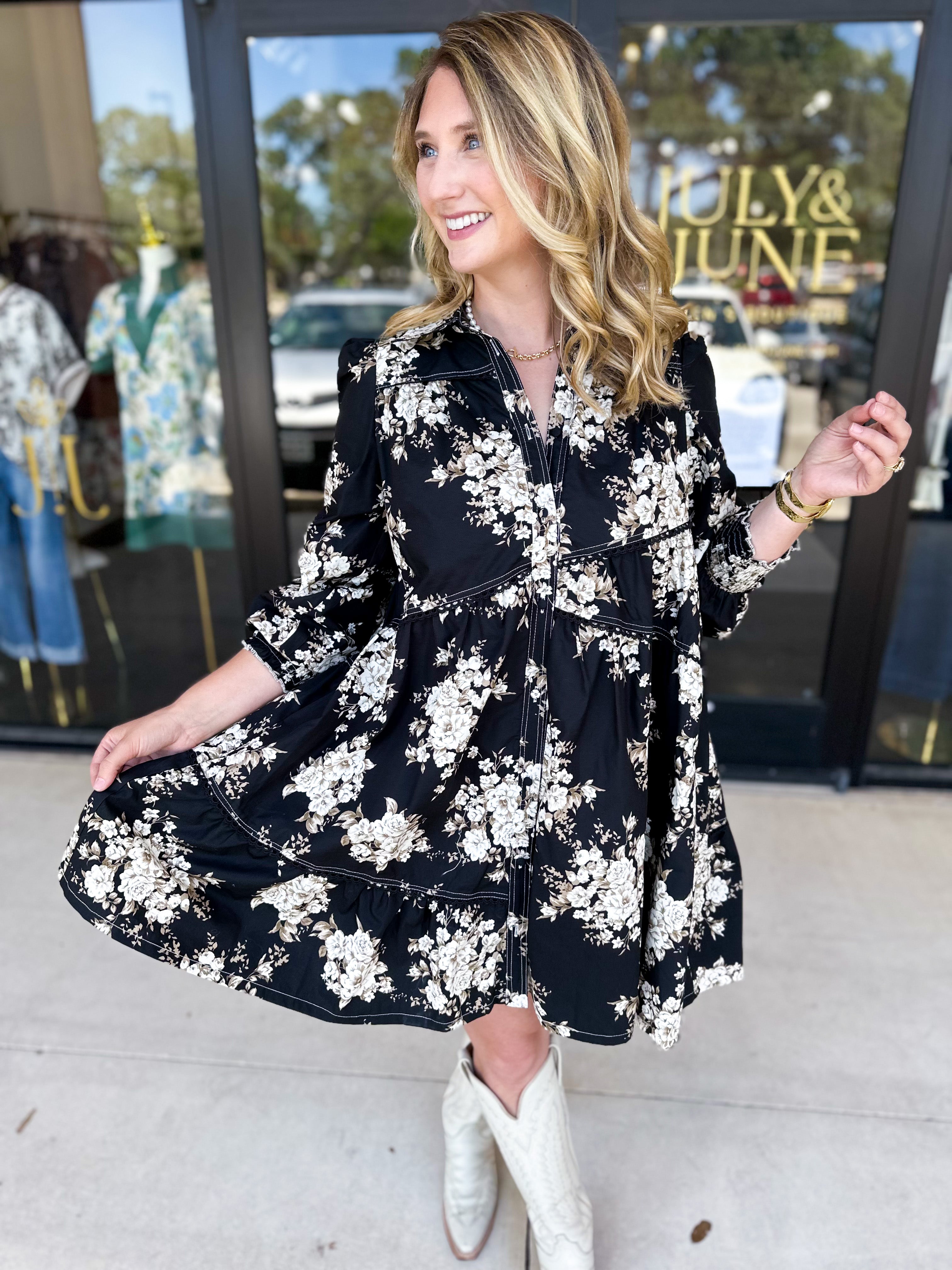 Black & Taupe Vintage Floral Mini Dress-510 Mini-LISTICLE-July & June Women's Fashion Boutique Located in San Antonio, Texas