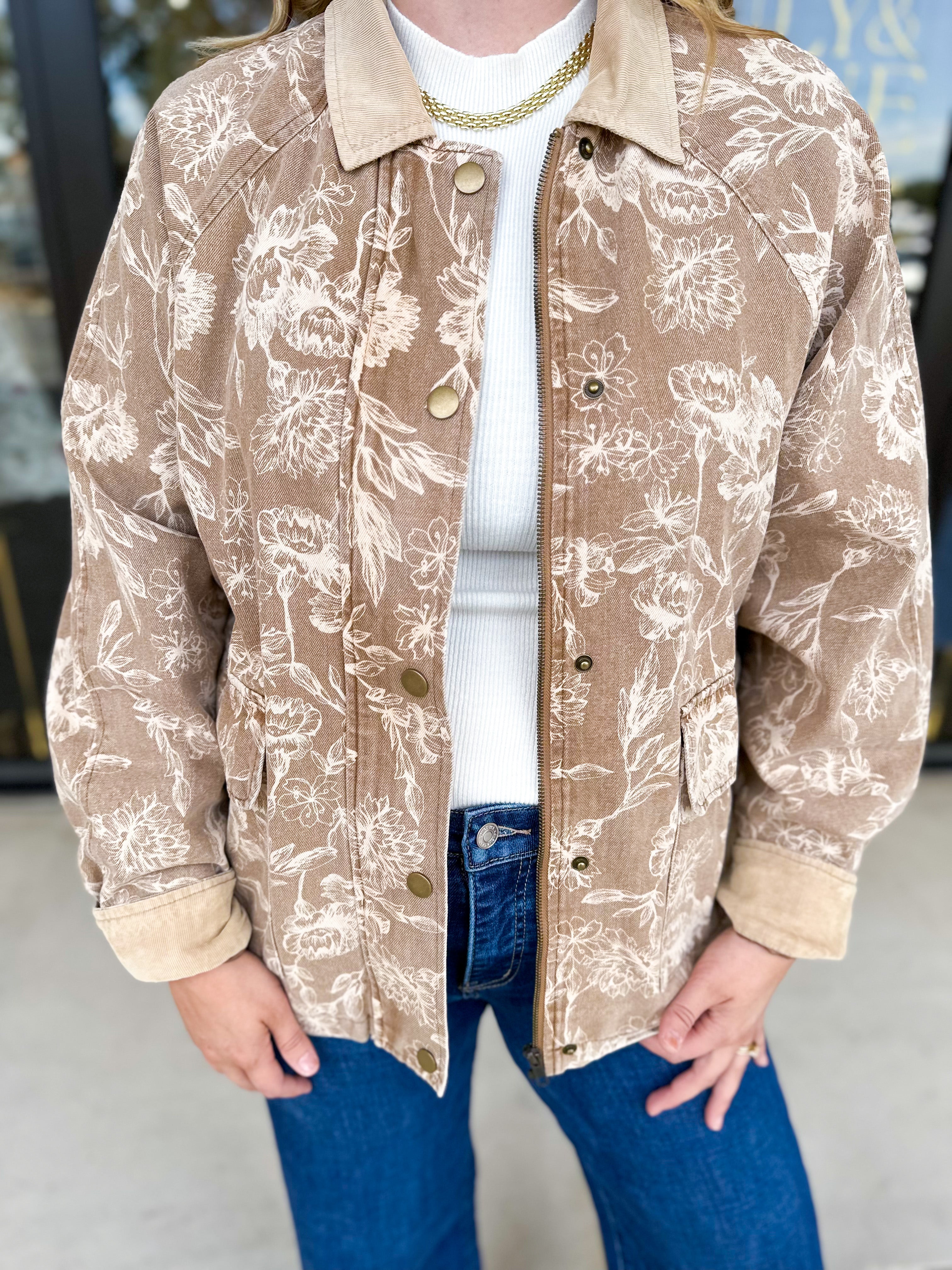 Tan Floral Jacket-600 Outerwear-FATE-July & June Women's Fashion Boutique Located in San Antonio, Texas