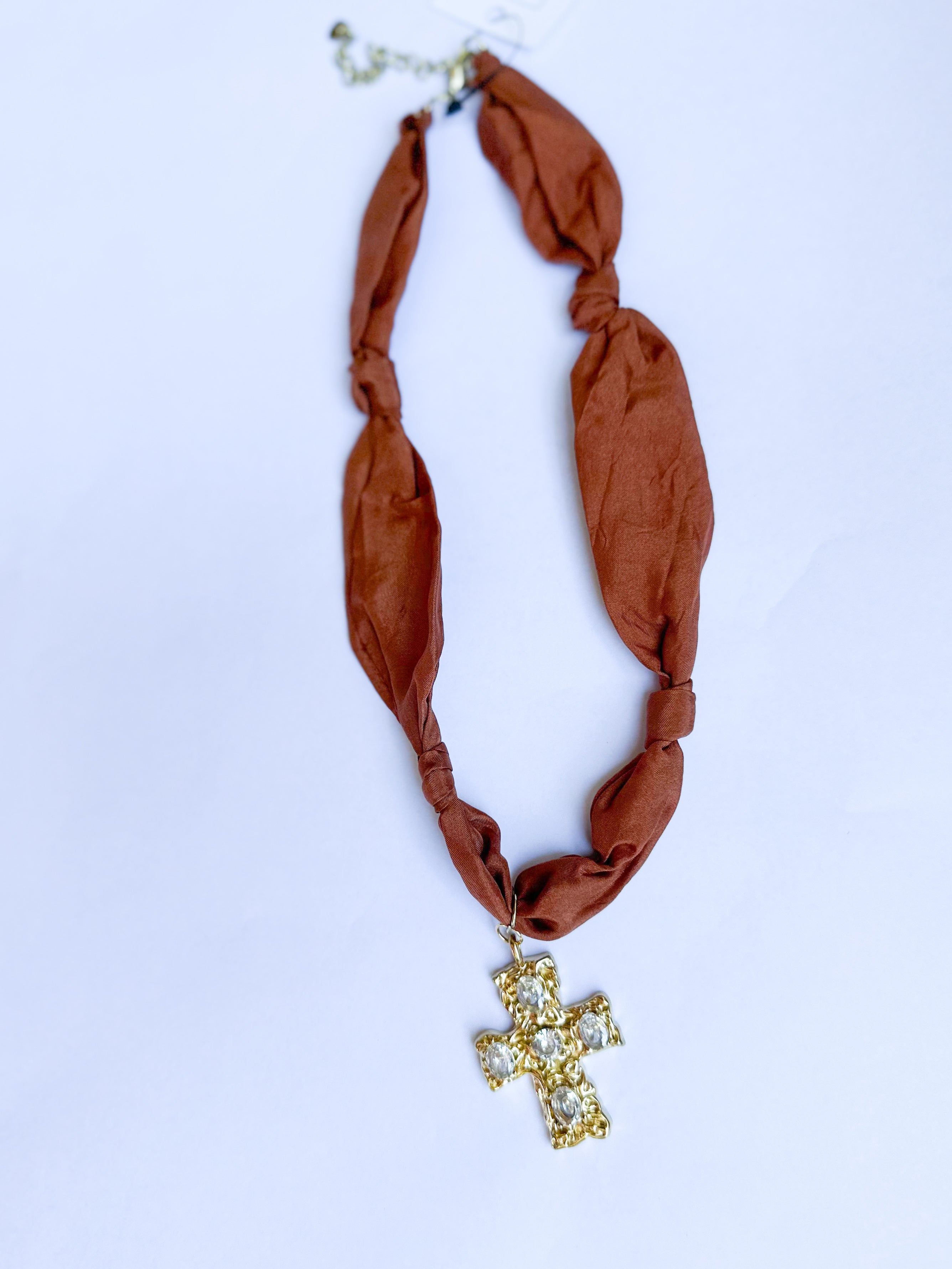 Scarf Necklace - Pumpkin Gold Cross-110 Jewelry & Hair-HART DESIGNS-July & June Women's Fashion Boutique Located in San Antonio, Texas