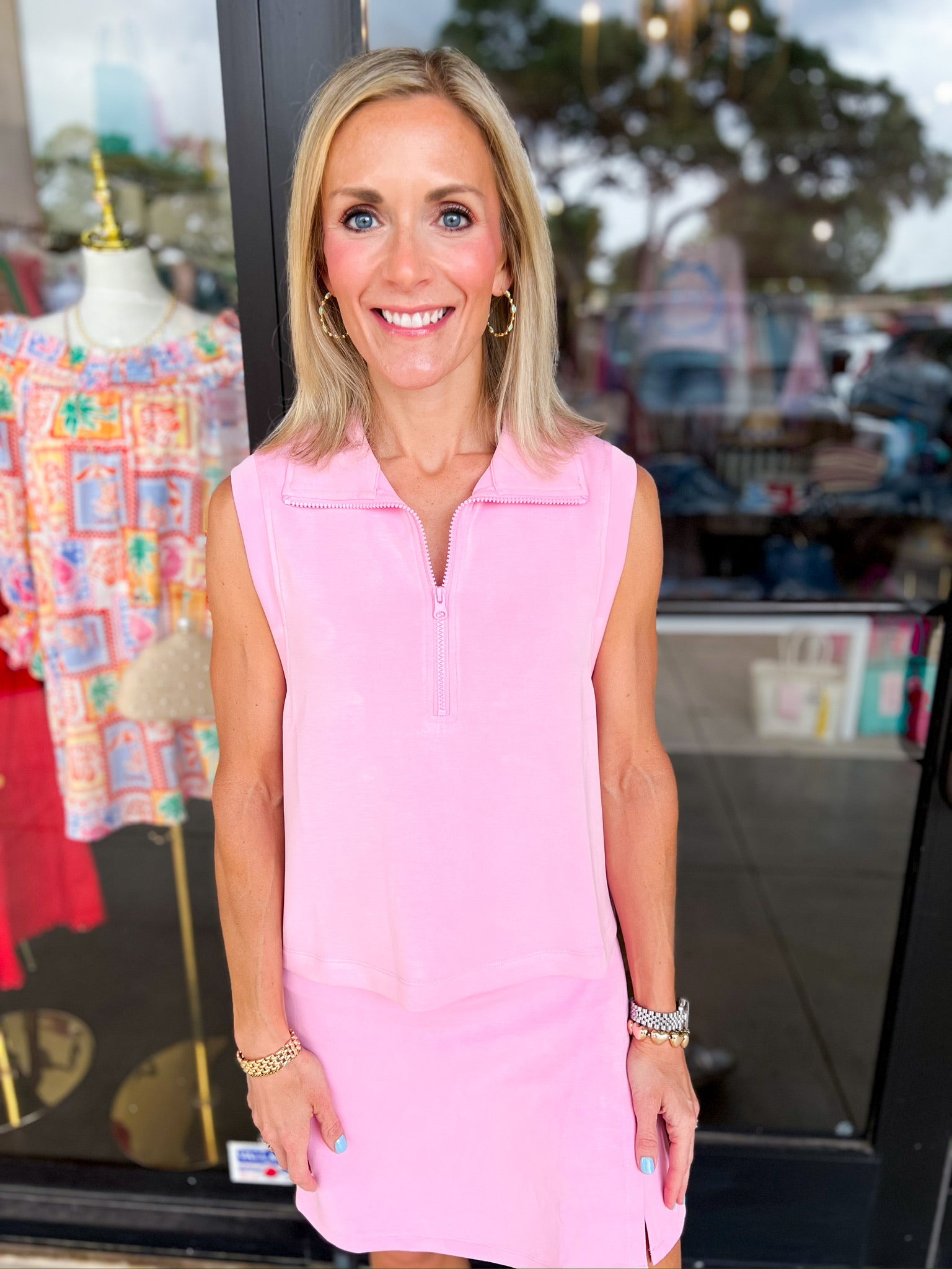 Soft Modal Zip Sleeveless Top - Pink-210 Casual Blouses-SKIES ARE BLUE-July & June Women's Fashion Boutique Located in San Antonio, Texas