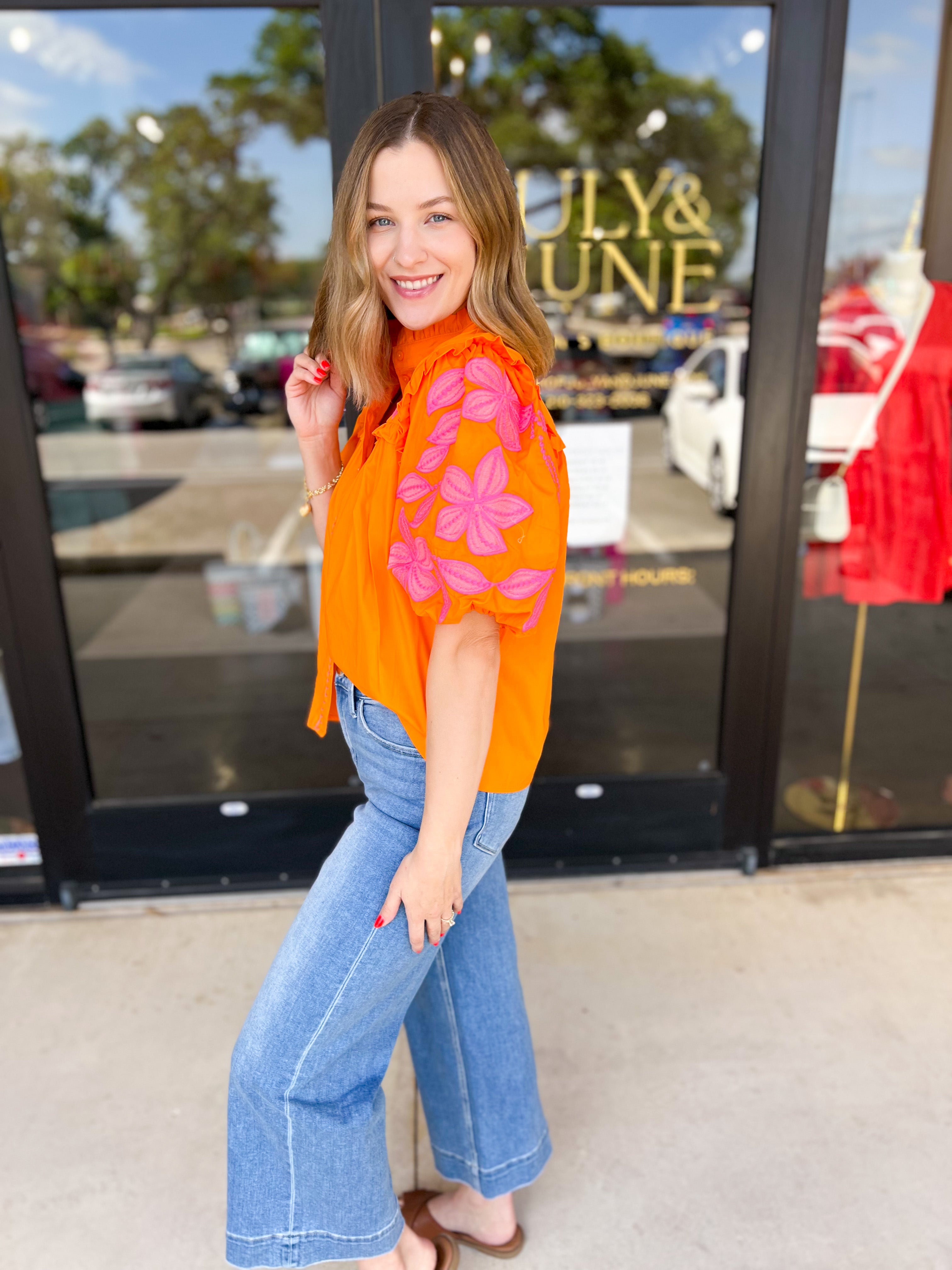 THML - Bold Citrus Embroidered Blouse-200 Fashion Blouses-THML-July & June Women's Fashion Boutique Located in San Antonio, Texas