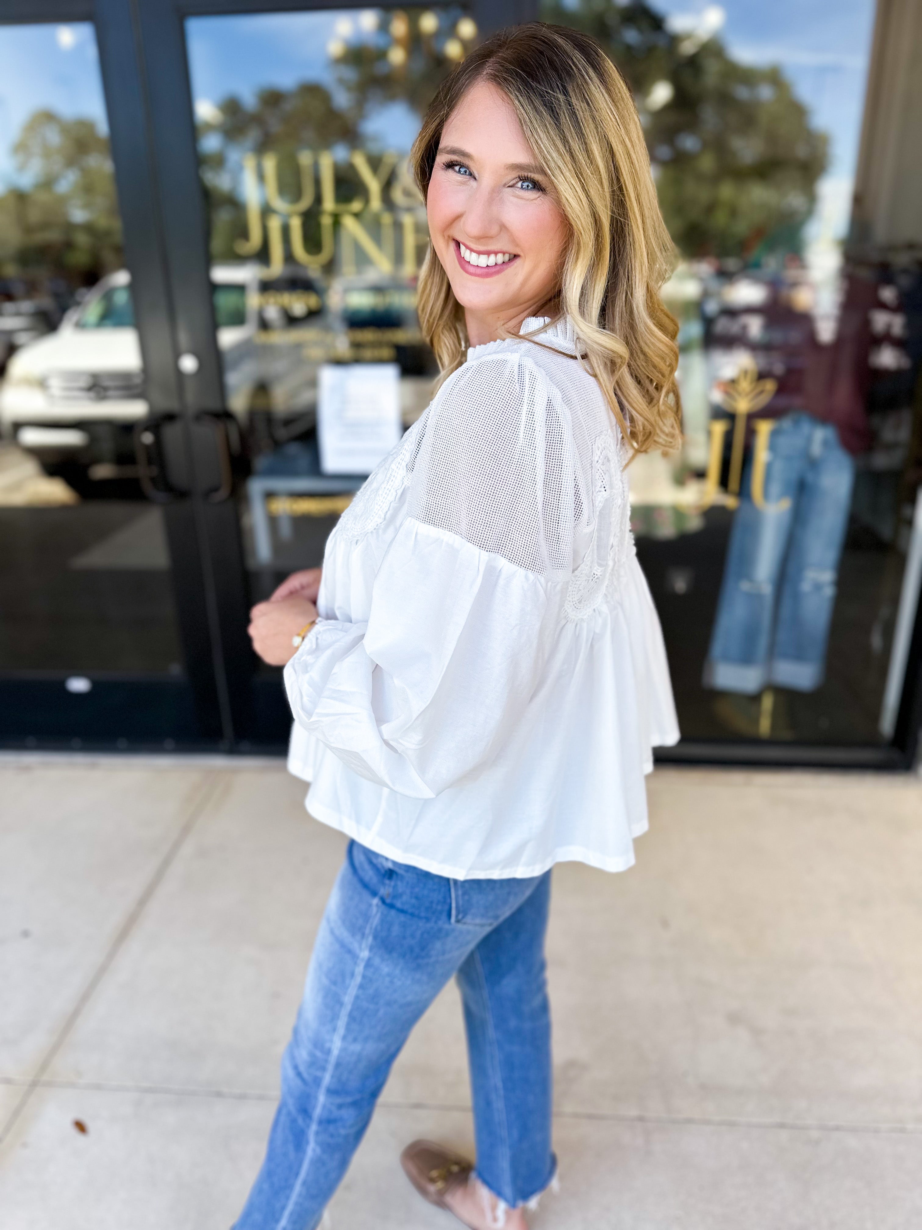 The Lace Details Blouse Long Sleeve - Ivory-200 Fashion Blouses-FATE-July & June Women's Fashion Boutique Located in San Antonio, Texas