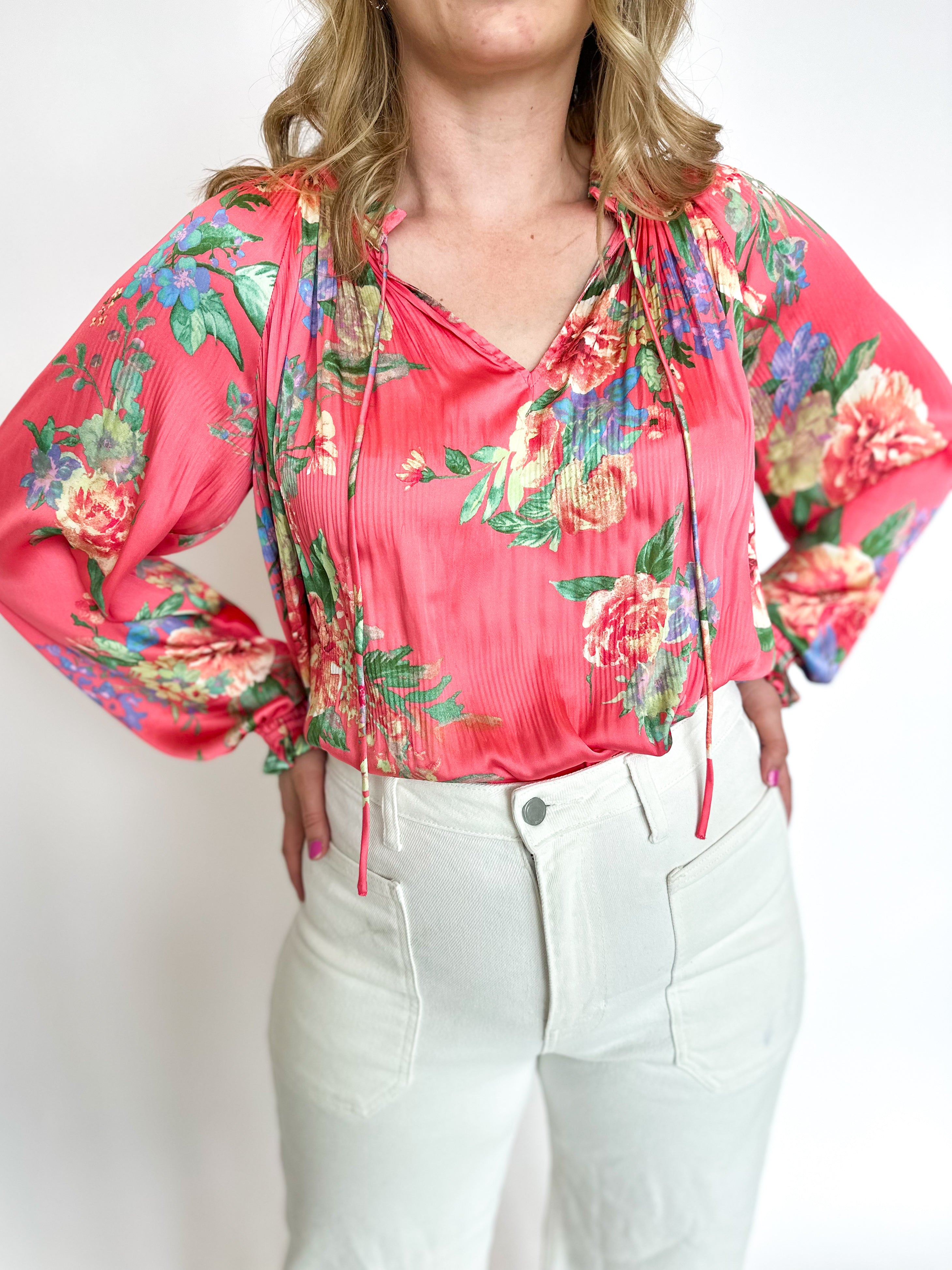 Coral Floral Blouse-200 Fashion Blouses-CURRENT AIR CLOTHING-July & June Women's Fashion Boutique Located in San Antonio, Texas