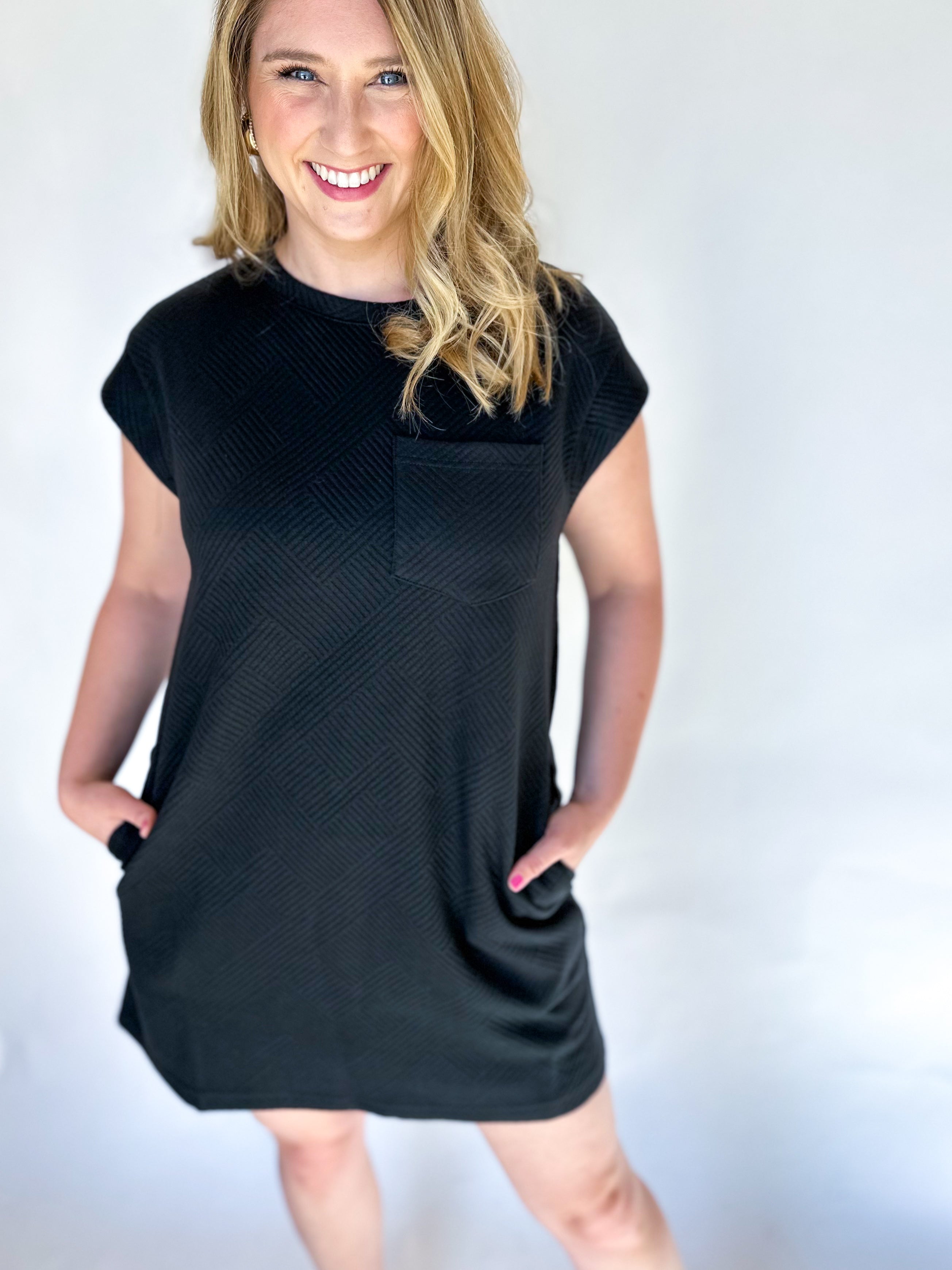 Textured T-Shirt Dress - Black-510 Mini-ENTRO-July & June Women's Fashion Boutique Located in San Antonio, Texas