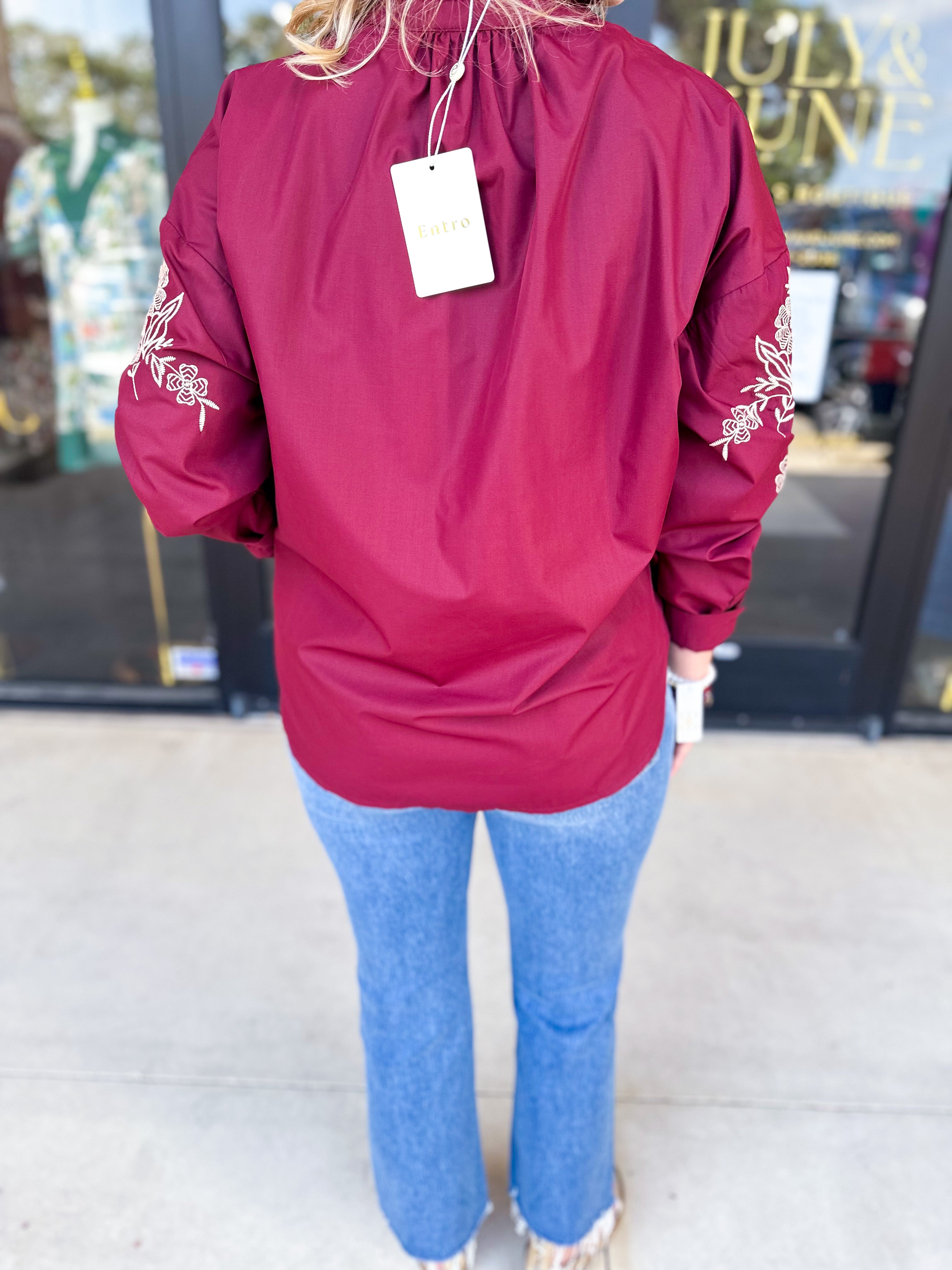 Elara Embroidered Blouse - Burgundy-200 Fashion Blouses-ENTRO-July & June Women's Fashion Boutique Located in San Antonio, Texas