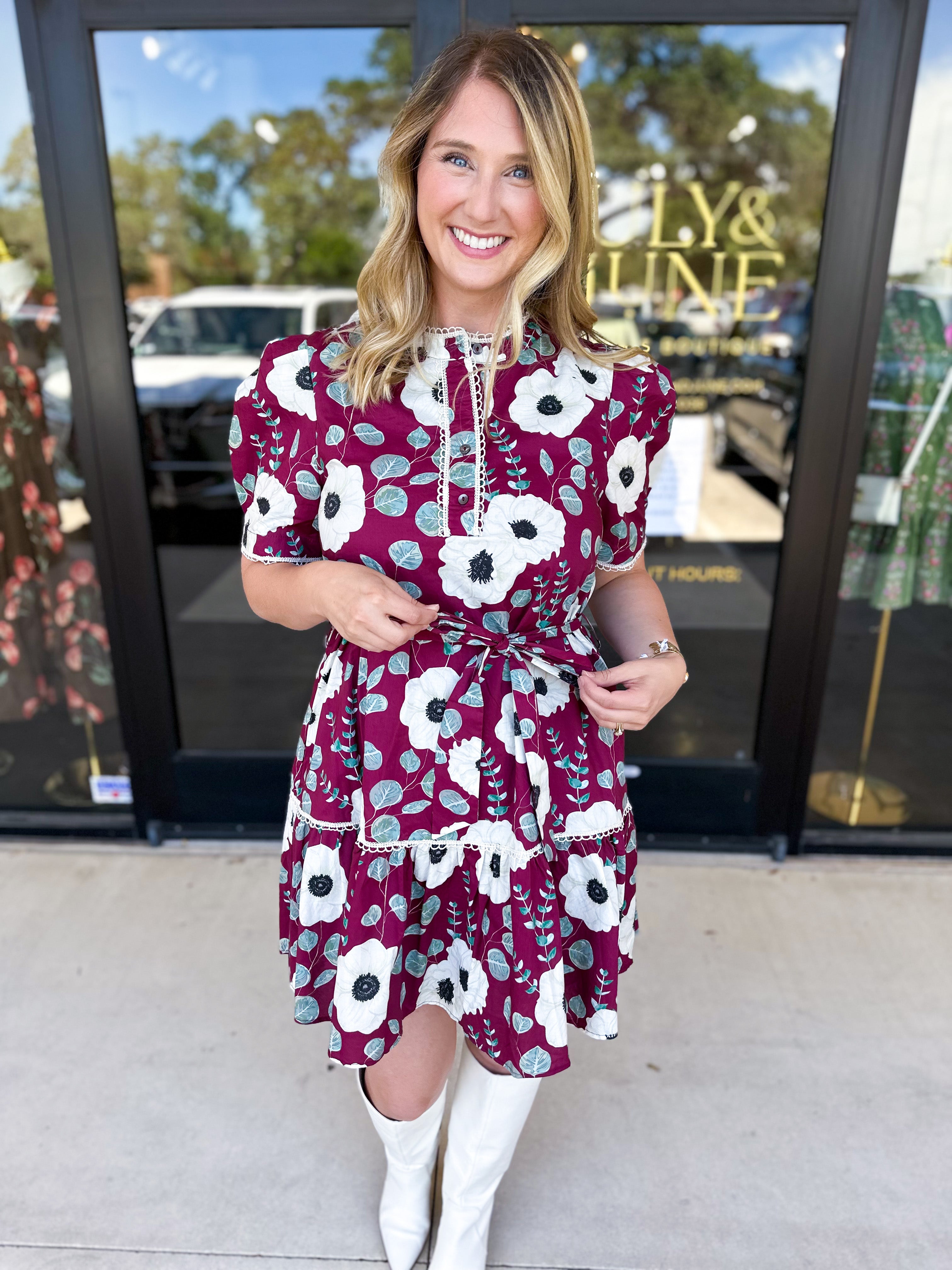 Plum Floral Mini Dress-510 Mini-ENTRO-July & June Women's Fashion Boutique Located in San Antonio, Texas