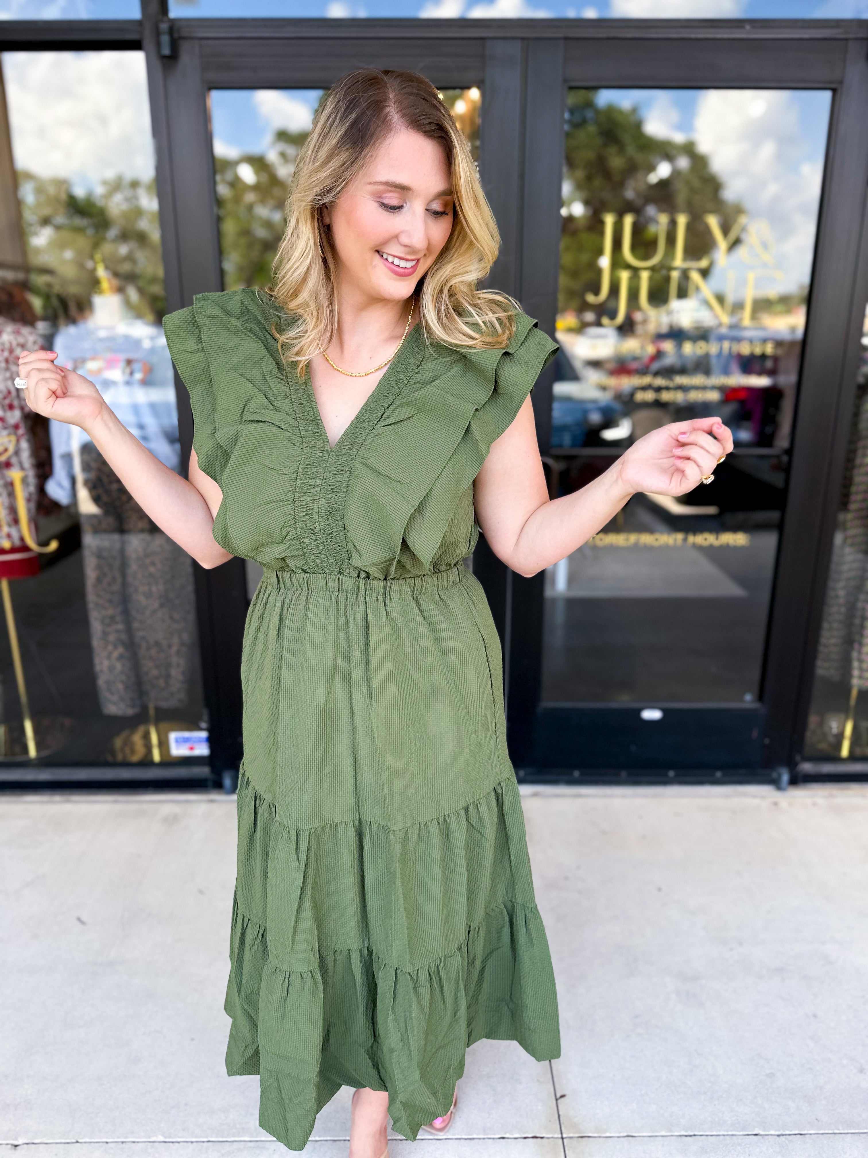 THML - Gather Midi Dress - Olive-500 Midi-THML-July & June Women's Fashion Boutique Located in San Antonio, Texas