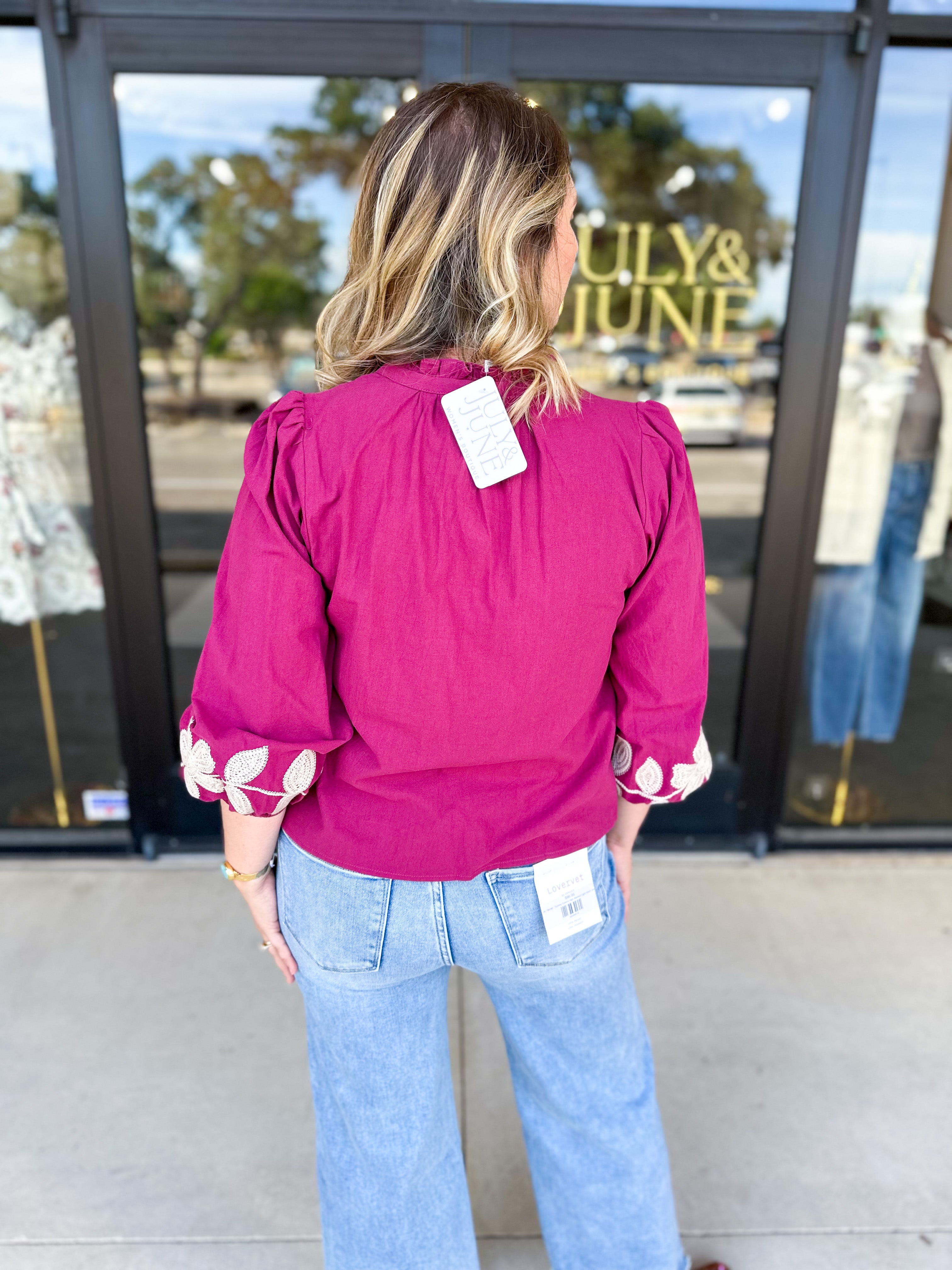 Mallory Embroidered Blouse - Magenta-200 Fashion Blouses-ABLE-July & June Women's Fashion Boutique Located in San Antonio, Texas