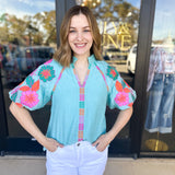 THML - Spring Florals Embroidered Blouse- Light Blue-200 Fashion Blouses-THML-July & June Women's Fashion Boutique Located in San Antonio, Texas