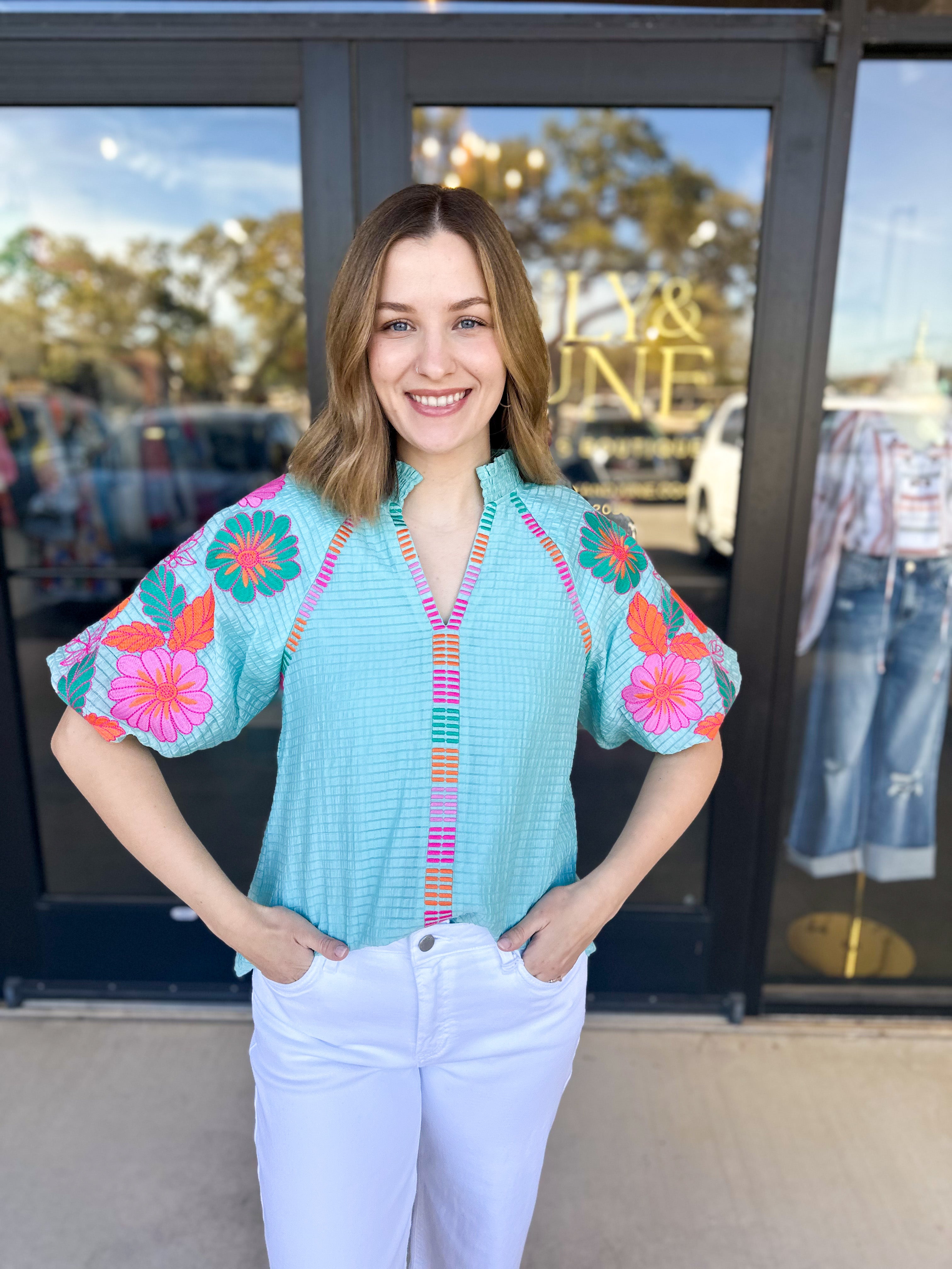 THML - Spring Florals Embroidered Blouse- Light Blue-200 Fashion Blouses-THML-July & June Women's Fashion Boutique Located in San Antonio, Texas