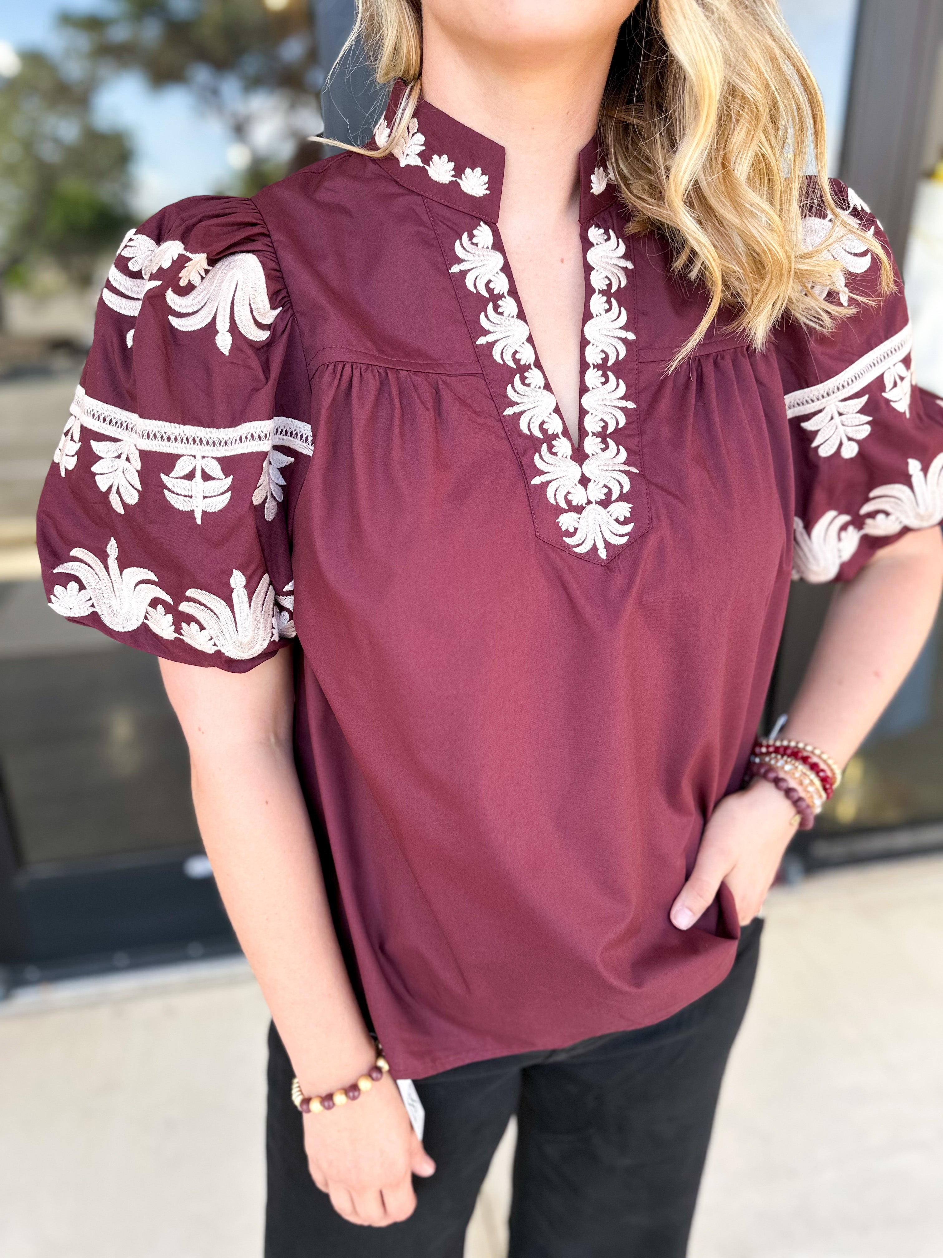 Maroon Embroidered Blouse-200 Fashion Blouses-ENTRO-July & June Women's Fashion Boutique Located in San Antonio, Texas