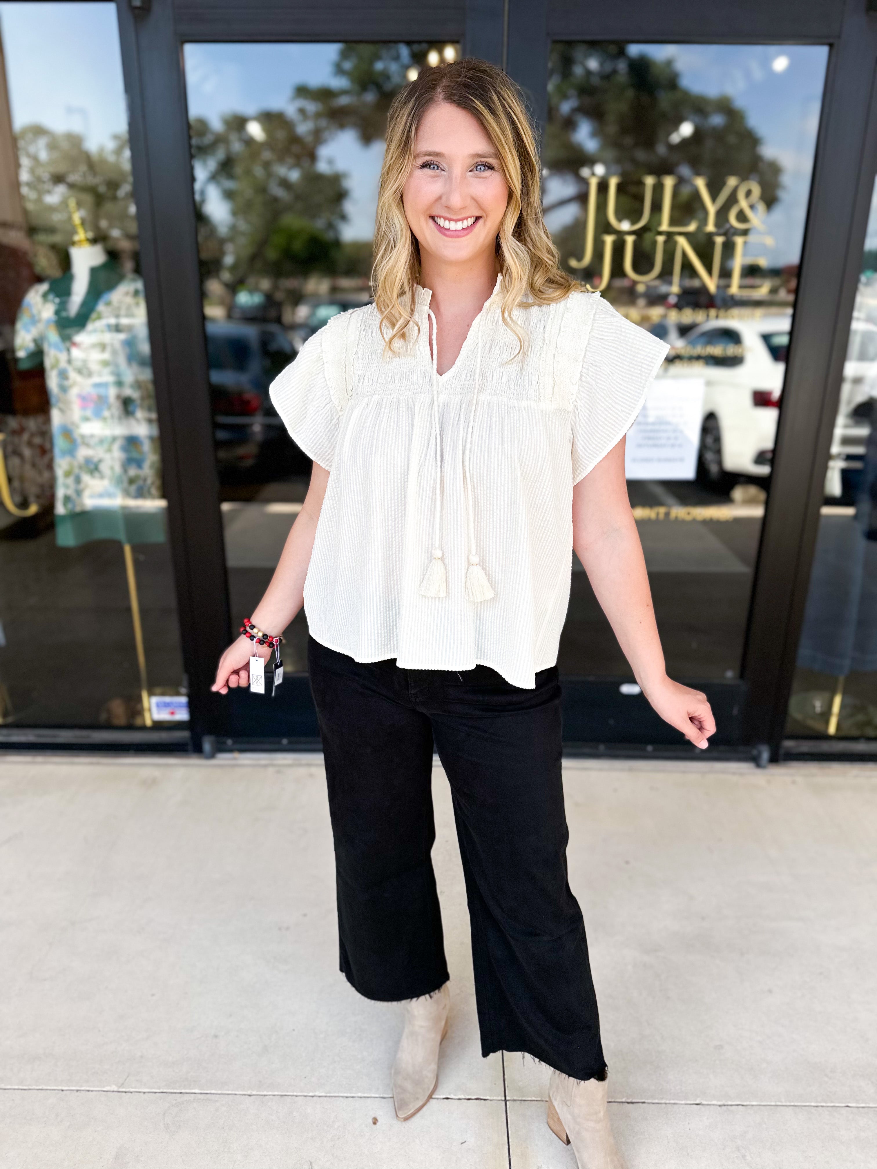 THML - Cream Textured Flutter Sleeve Blouse-200 Fashion Blouses-THML-July & June Women's Fashion Boutique Located in San Antonio, Texas