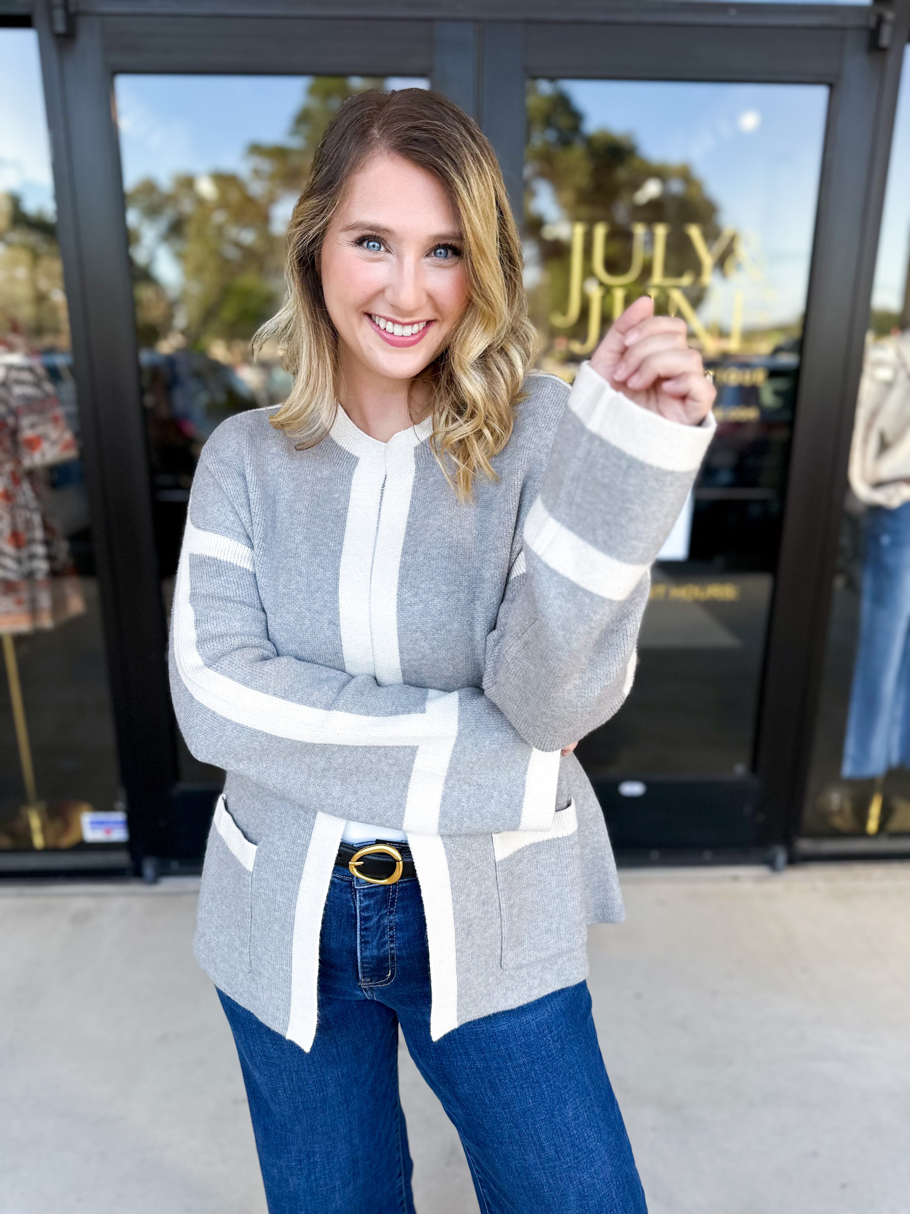 THML - Grey Color Block Cardigan-230 Sweaters/Cardis-THML-July & June Women's Fashion Boutique Located in San Antonio, Texas