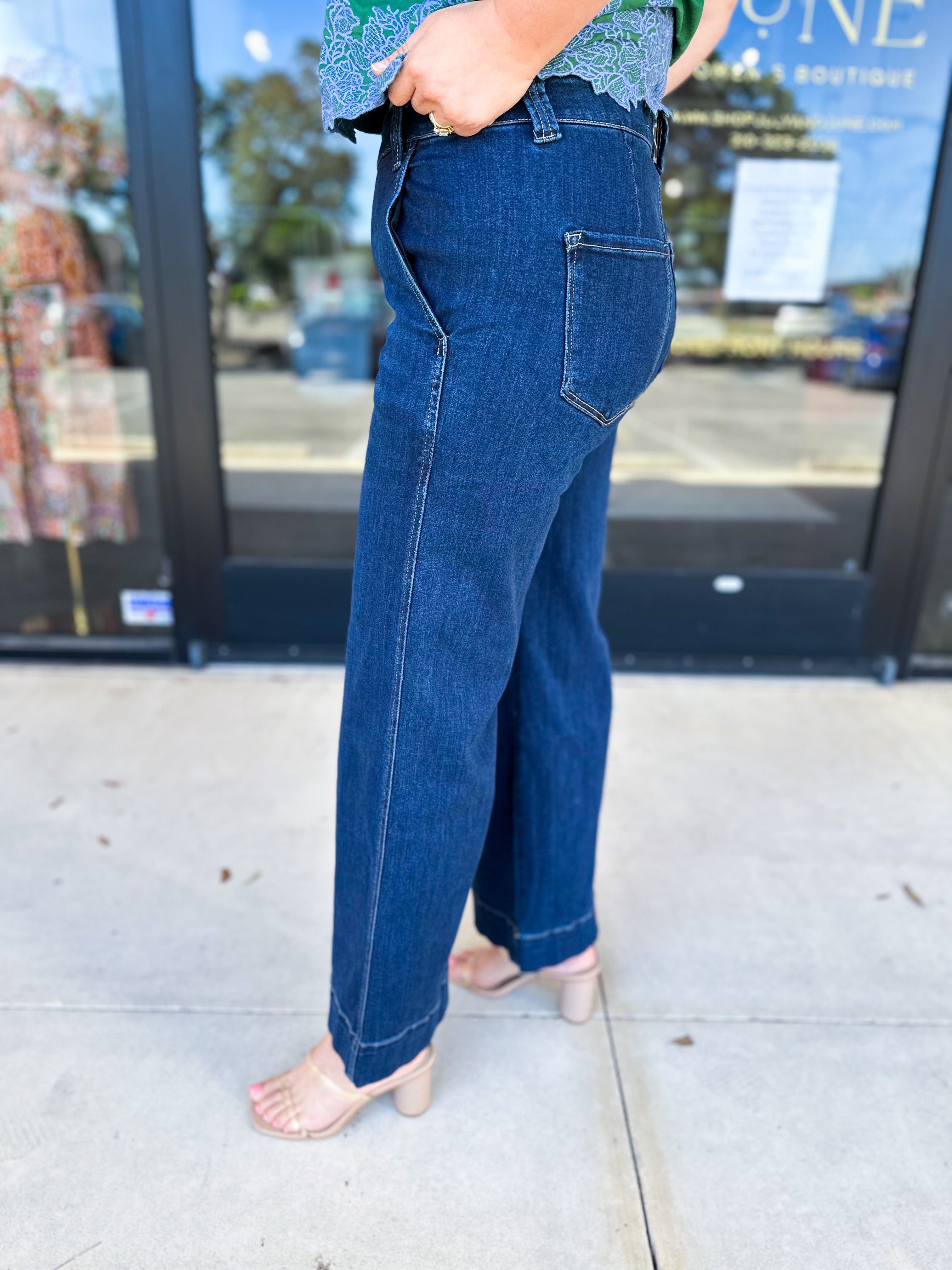 Vervet - Dark High Rise Trouser Wide Leg Jeans-400 Pants-VEVERT BY FLYING MONKEY-July & June Women's Fashion Boutique Located in San Antonio, Texas