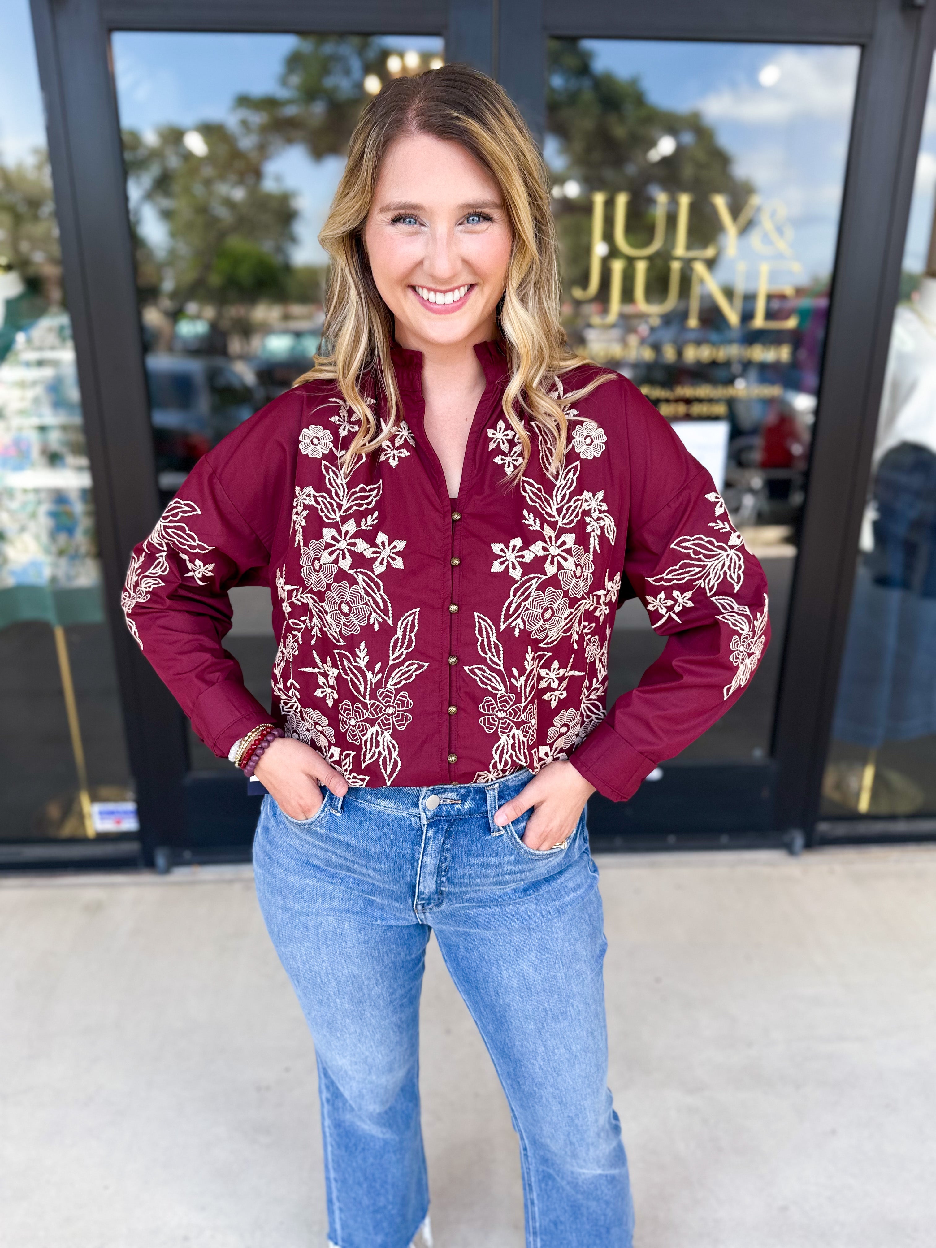 Elara Embroidered Blouse - Burgundy-200 Fashion Blouses-ENTRO-July & June Women's Fashion Boutique Located in San Antonio, Texas