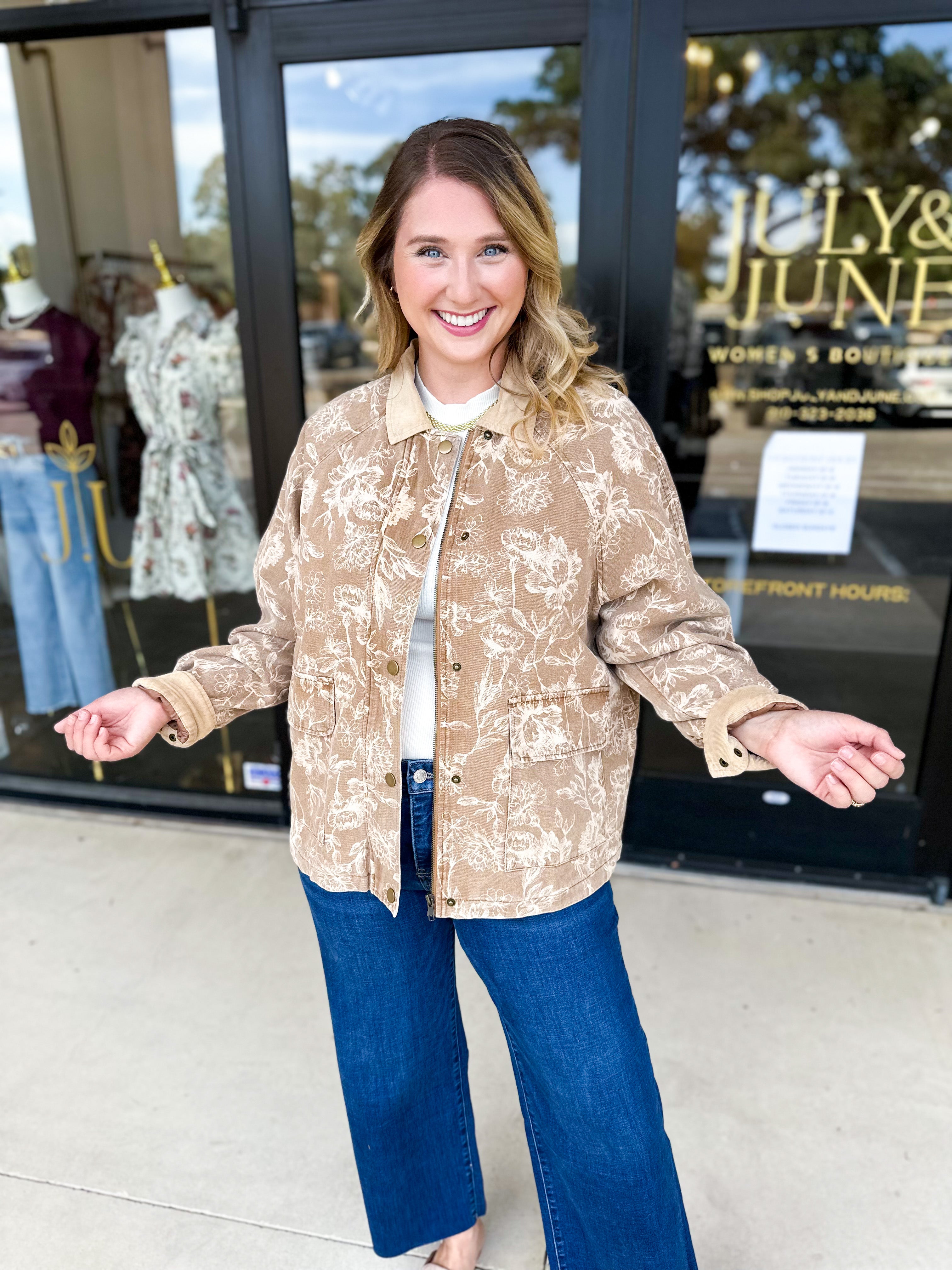 Tan Floral Jacket-600 Outerwear-FATE-July & June Women's Fashion Boutique Located in San Antonio, Texas