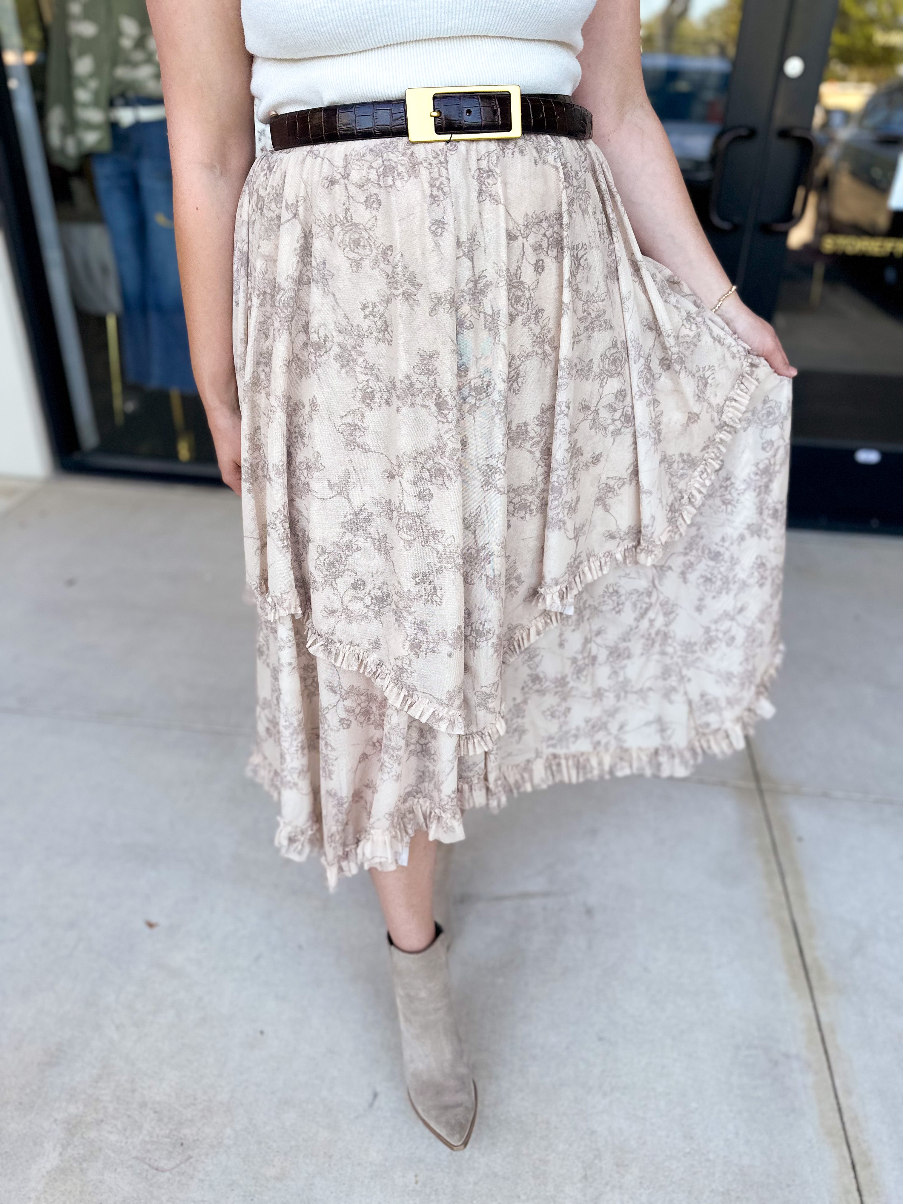 Mocha Floral Midi Skirt-410 Shorts/Skirts-POLOGRAM-July & June Women's Fashion Boutique Located in San Antonio, Texas
