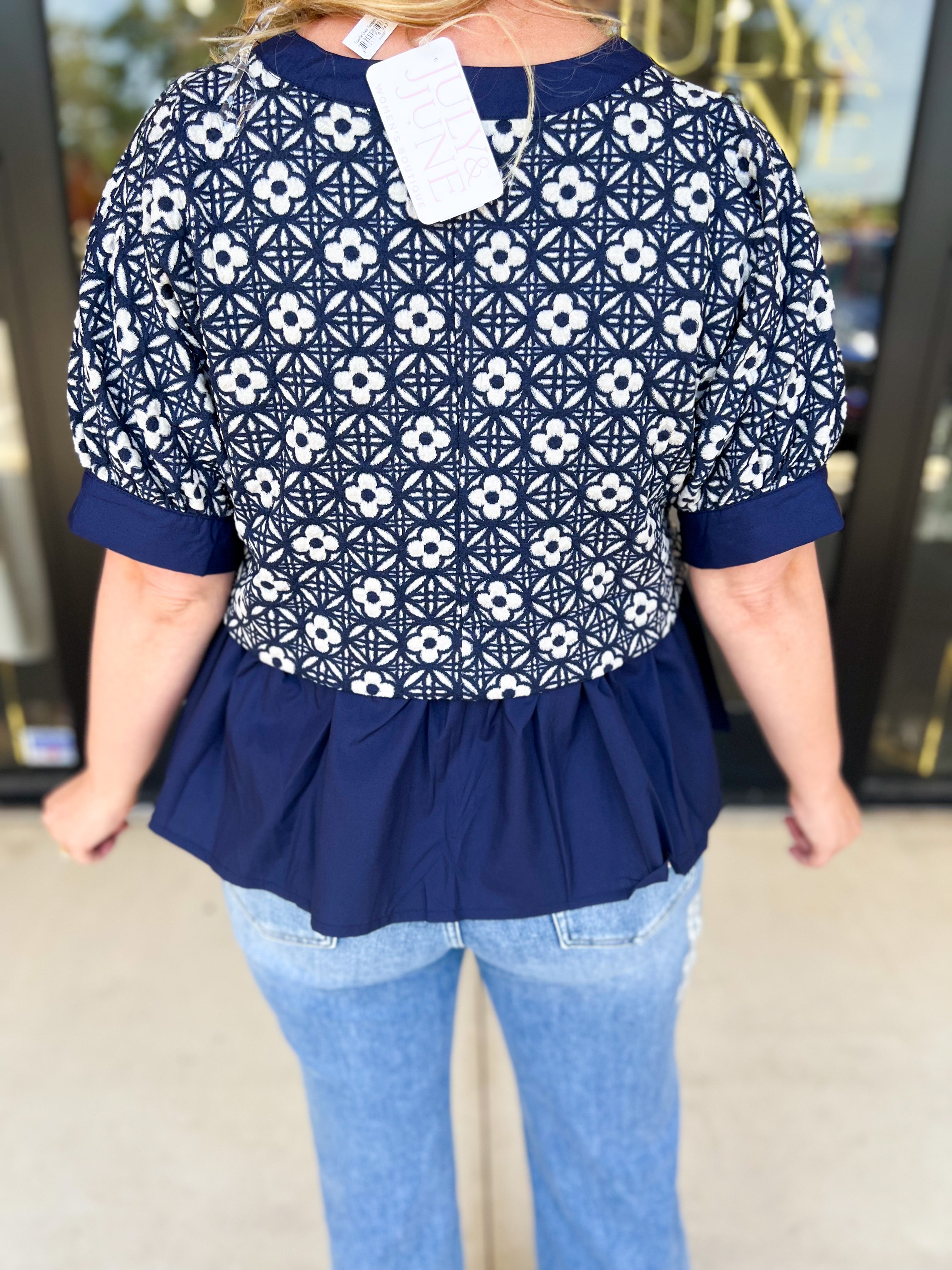 The Fall Peplum Top - Navy-200 Fashion Blouses-ENTRO-July & June Women's Fashion Boutique Located in San Antonio, Texas