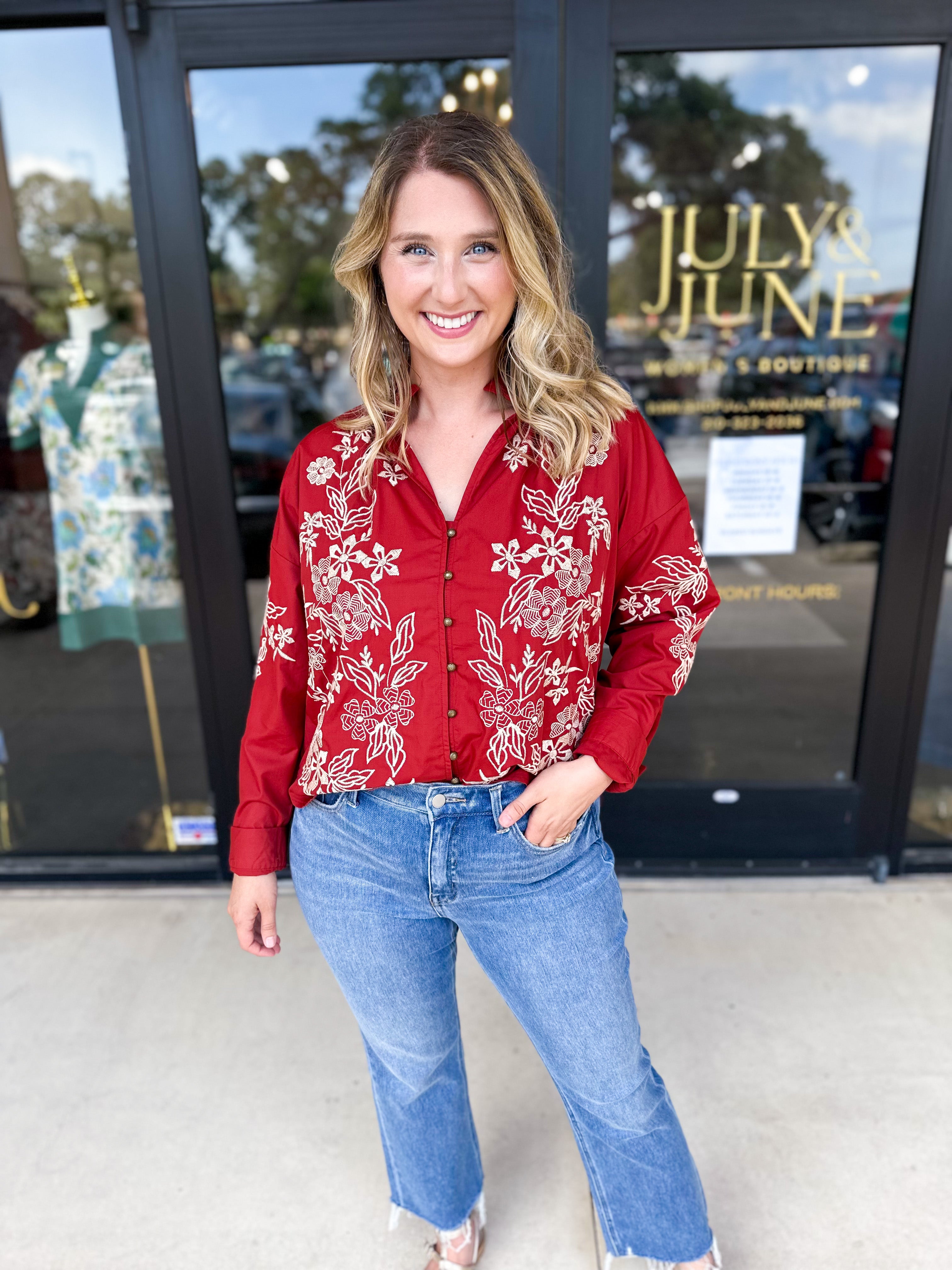 Elara Embroidered Blouse - Rust-200 Fashion Blouses-ENTRO-July & June Women's Fashion Boutique Located in San Antonio, Texas