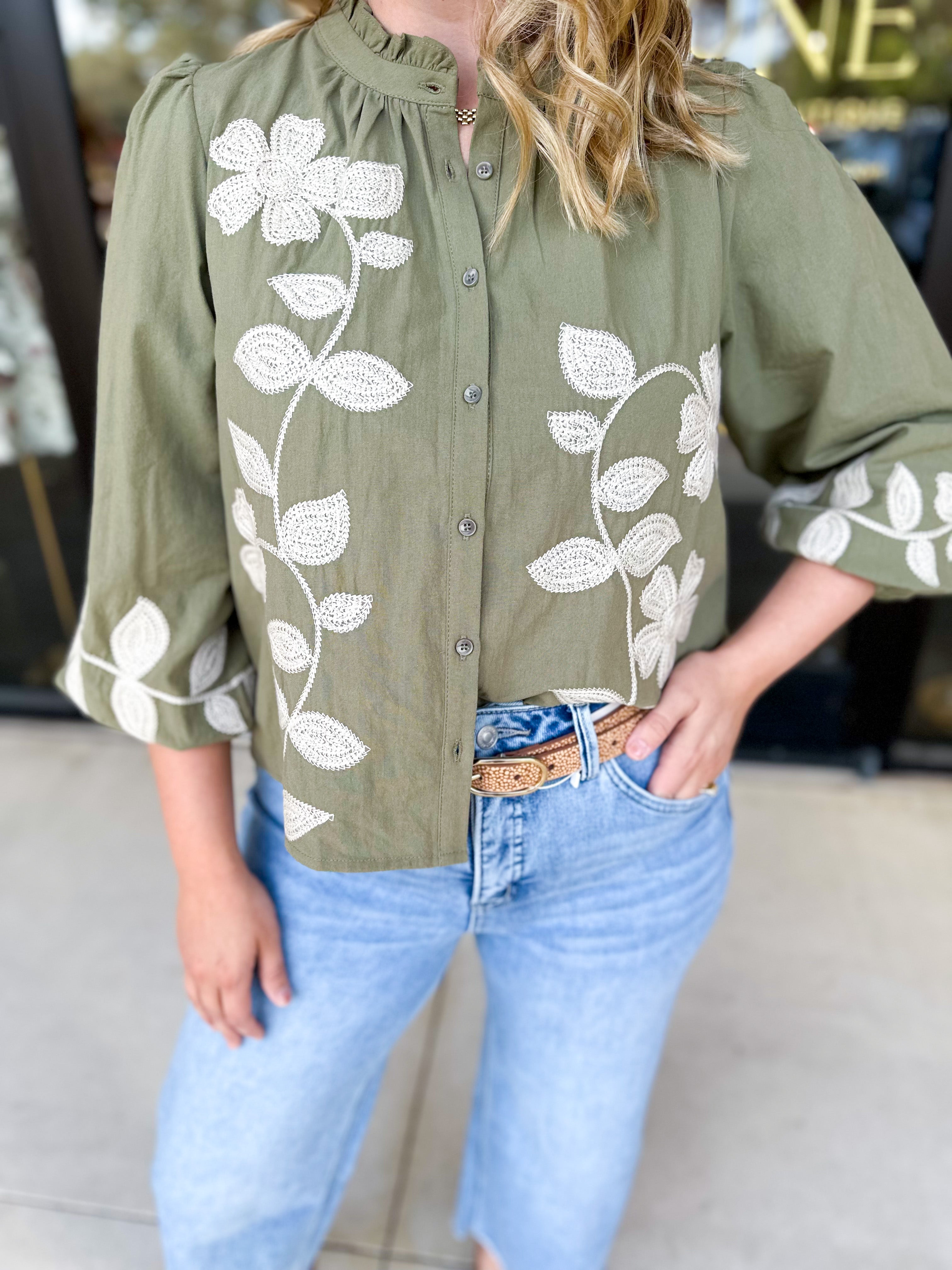 Mallory Embroidered Blouse - Light Olive-200 Fashion Blouses-ABLE-July & June Women's Fashion Boutique Located in San Antonio, Texas