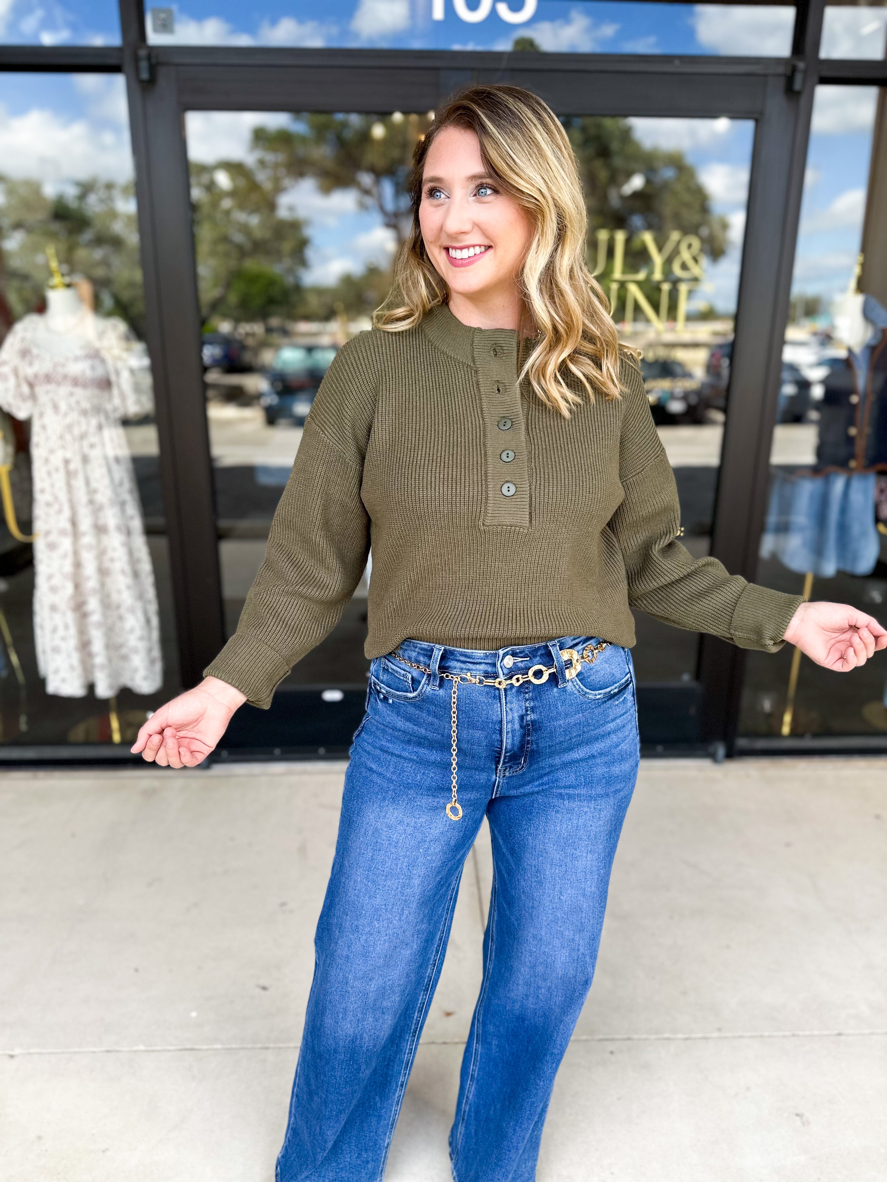 The Everyday Henley Sweater - Olive-230 Sweaters/Cardis-JODIFL-July & June Women's Fashion Boutique Located in San Antonio, Texas