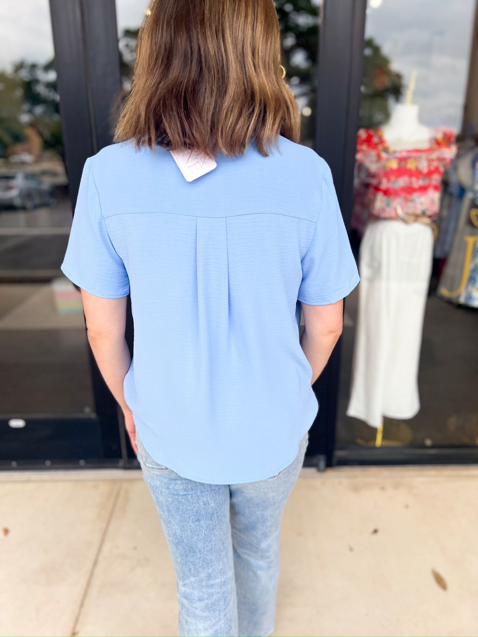 Classic V-Neck Blouse - Light Blue-200 Fashion Blouses-ENTRO-July & June Women's Fashion Boutique Located in San Antonio, Texas