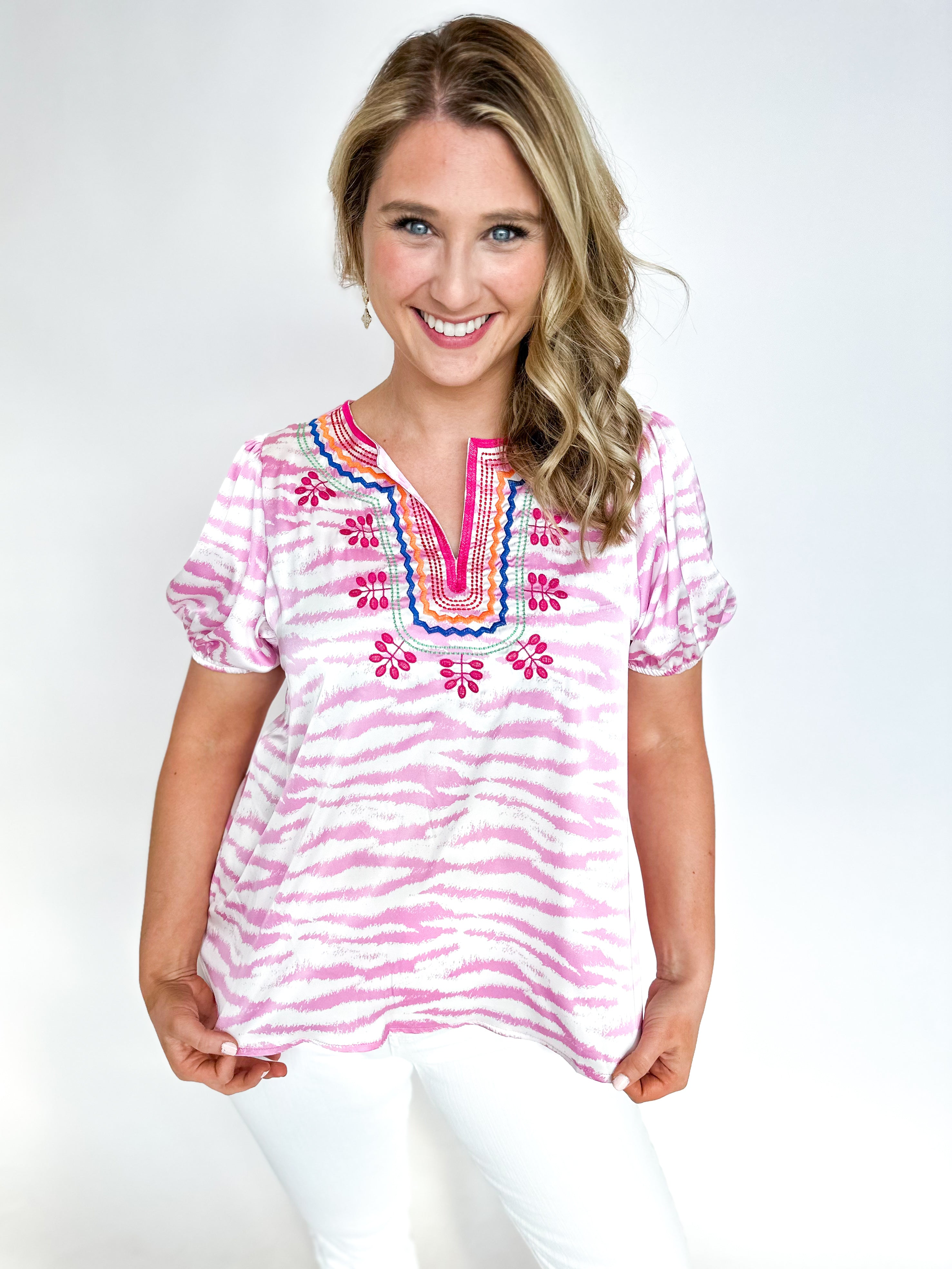 Pink Embroidered Animal Print Blouse-200 Fashion Blouses-JODIFL-July & June Women's Fashion Boutique Located in San Antonio, Texas