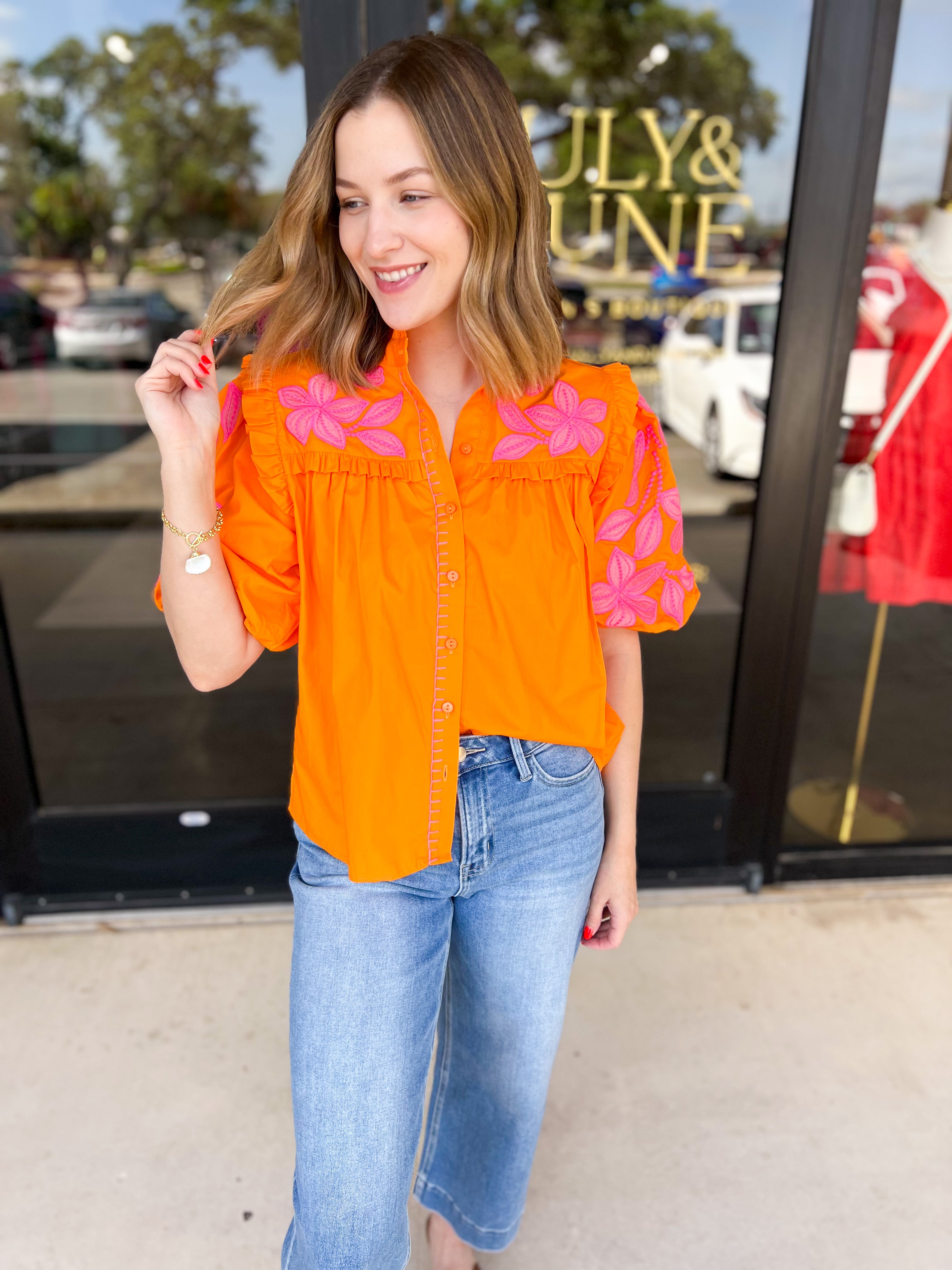 THML - Bold Citrus Embroidered Blouse-200 Fashion Blouses-THML-July & June Women's Fashion Boutique Located in San Antonio, Texas