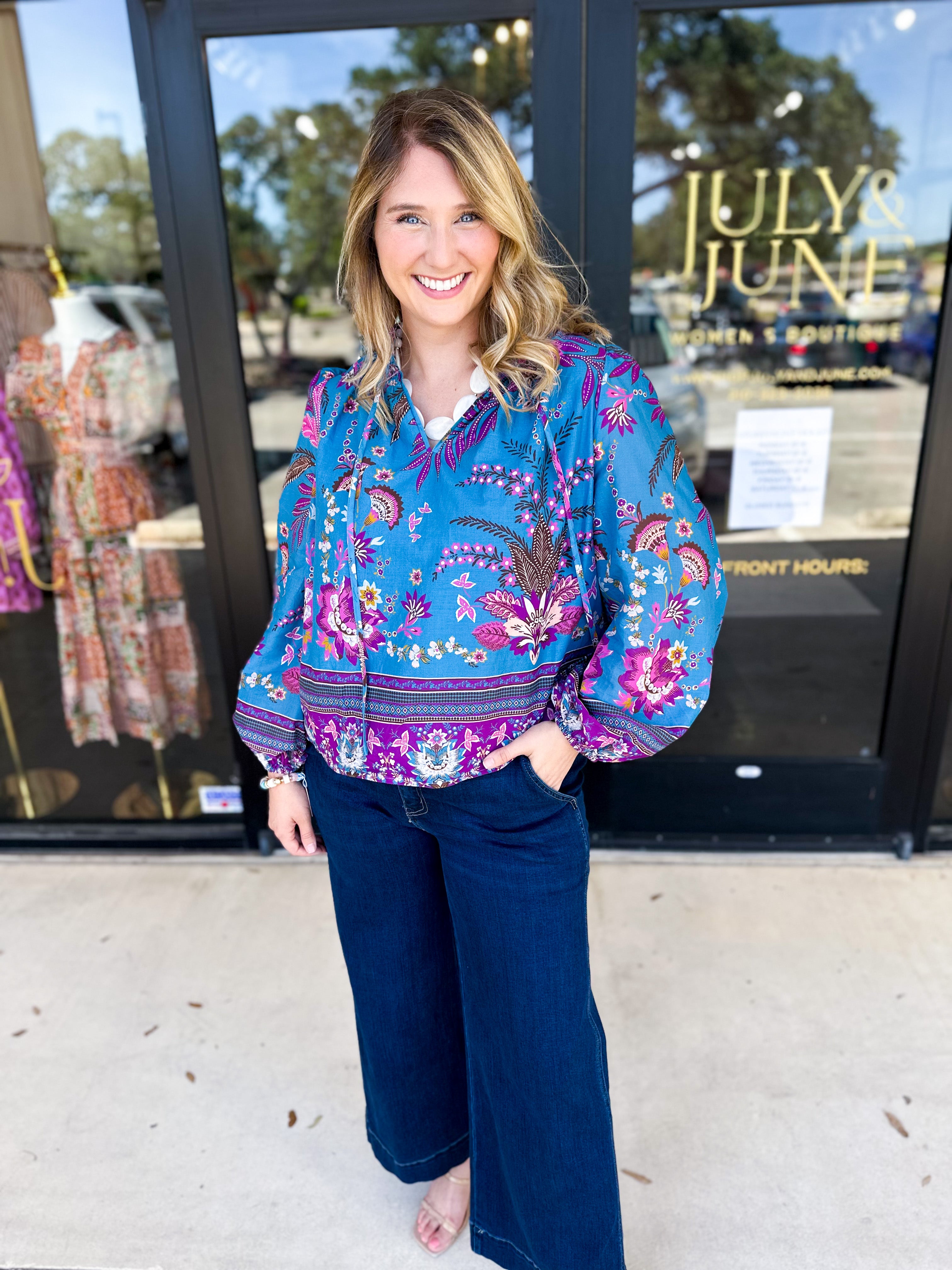 Teal & Lavender Blouse-200 Fashion Blouses-FATE-July & June Women's Fashion Boutique Located in San Antonio, Texas
