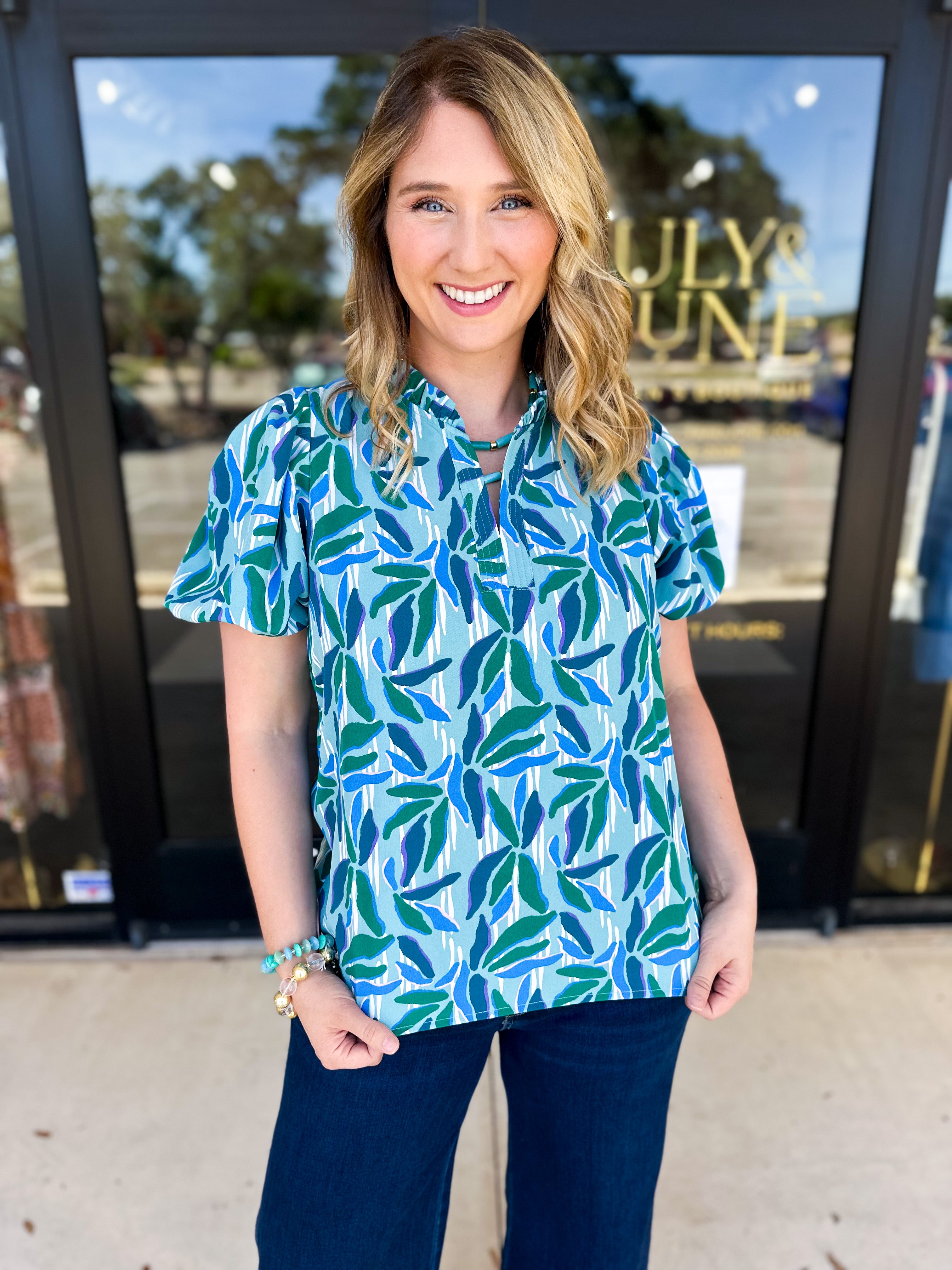 Mary Square - Lainey Reflecting Green Blouse-200 Fashion Blouses-MARY SQUARE-July & June Women's Fashion Boutique Located in San Antonio, Texas