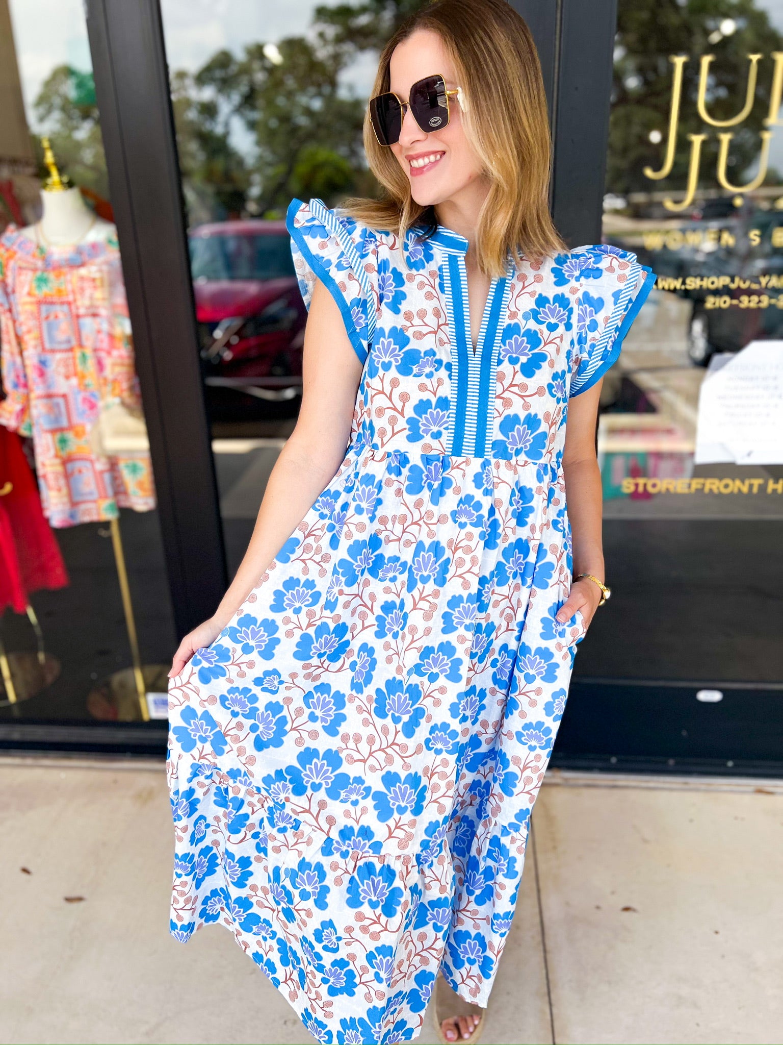 Bold Blue Floral Midi Dress-500 Midi-ENTRO-July & June Women's Fashion Boutique Located in San Antonio, Texas