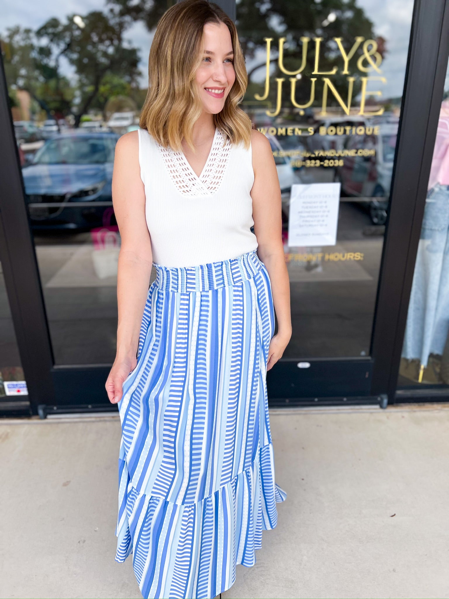 Mary Square - Blue Skylar Midi Skirt-410 Shorts/Skirts-MARY SQUARE-July & June Women's Fashion Boutique Located in San Antonio, Texas