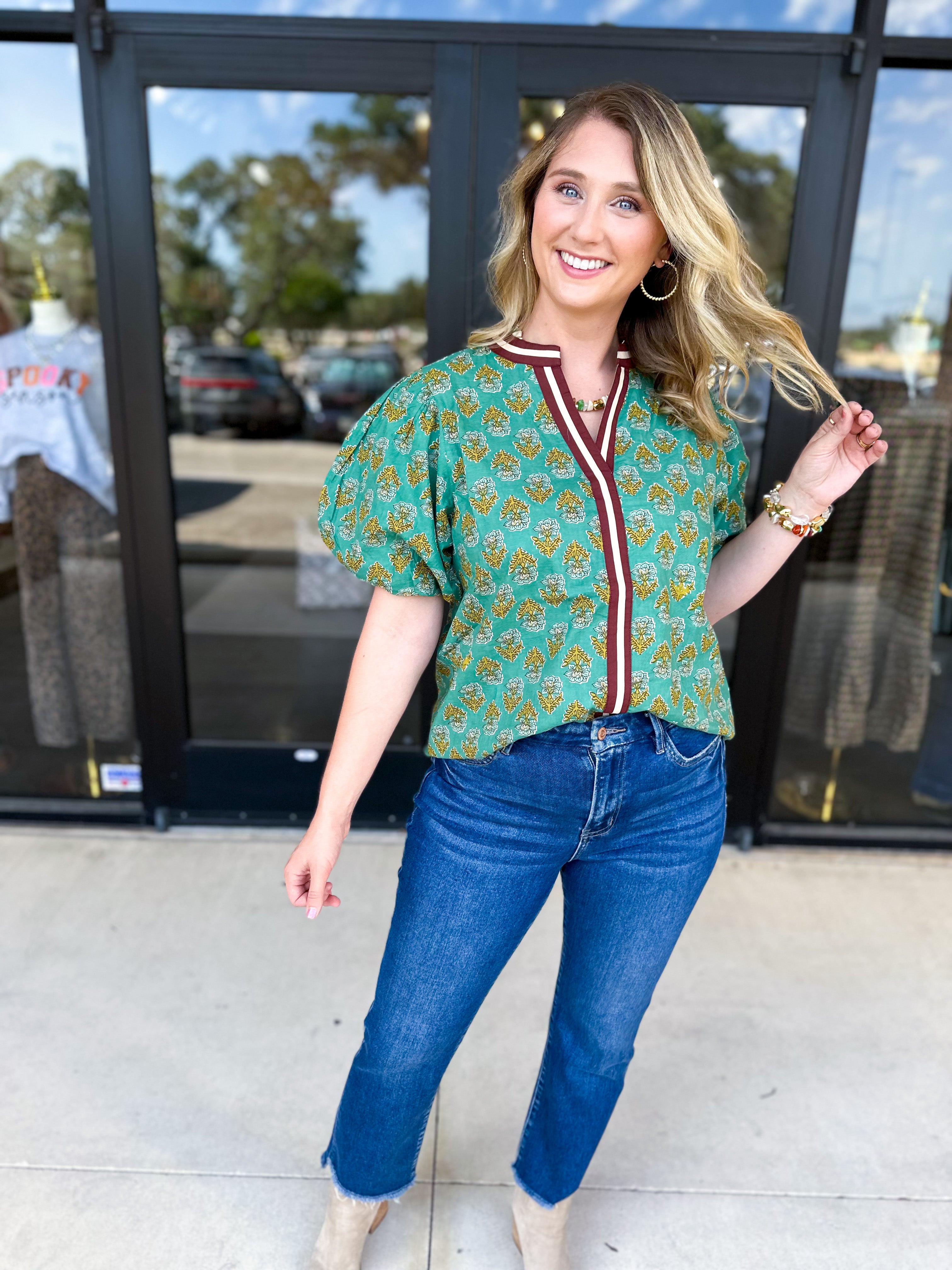THML - Teal Paisley Blouse-200 Fashion Blouses-THML-July & June Women's Fashion Boutique Located in San Antonio, Texas
